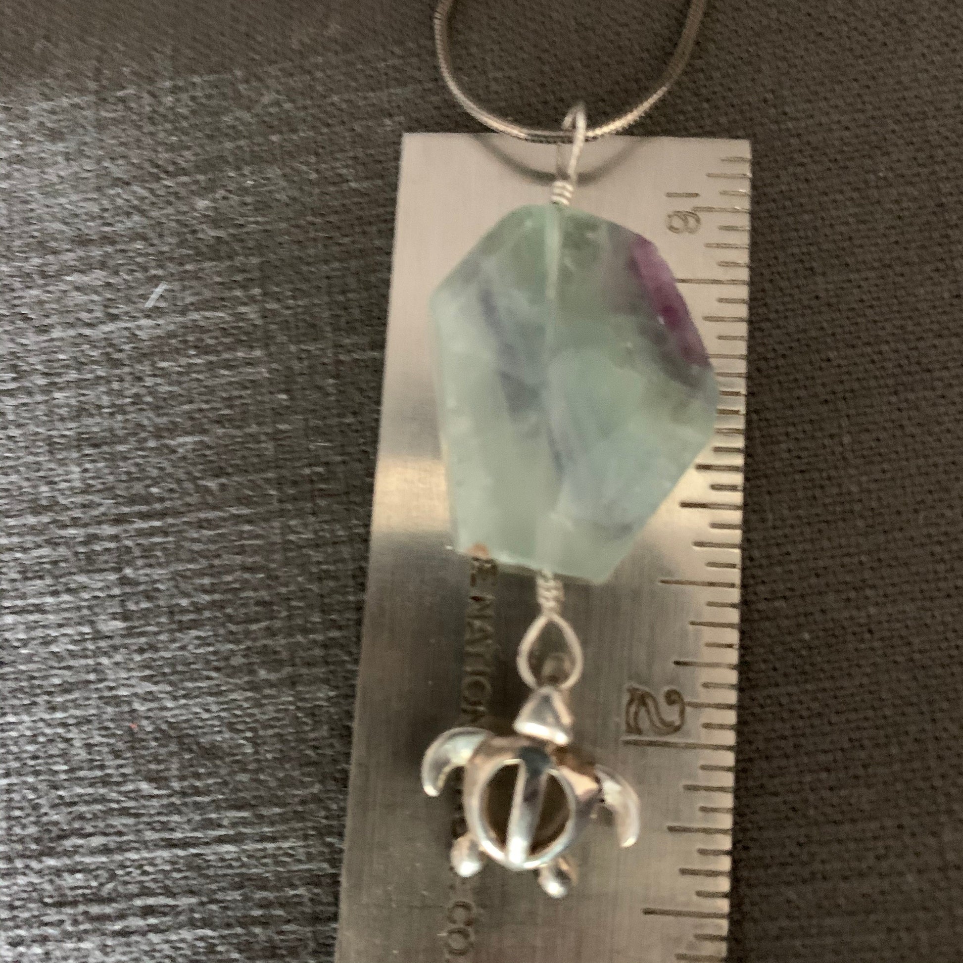 Pendant “Squirt” Sterling Sea Turtle charm, Large Rainbow Fluorite, Ocean Jewelry, Merfolk pendant, Gender Neutral, Reiki charged, Chakras