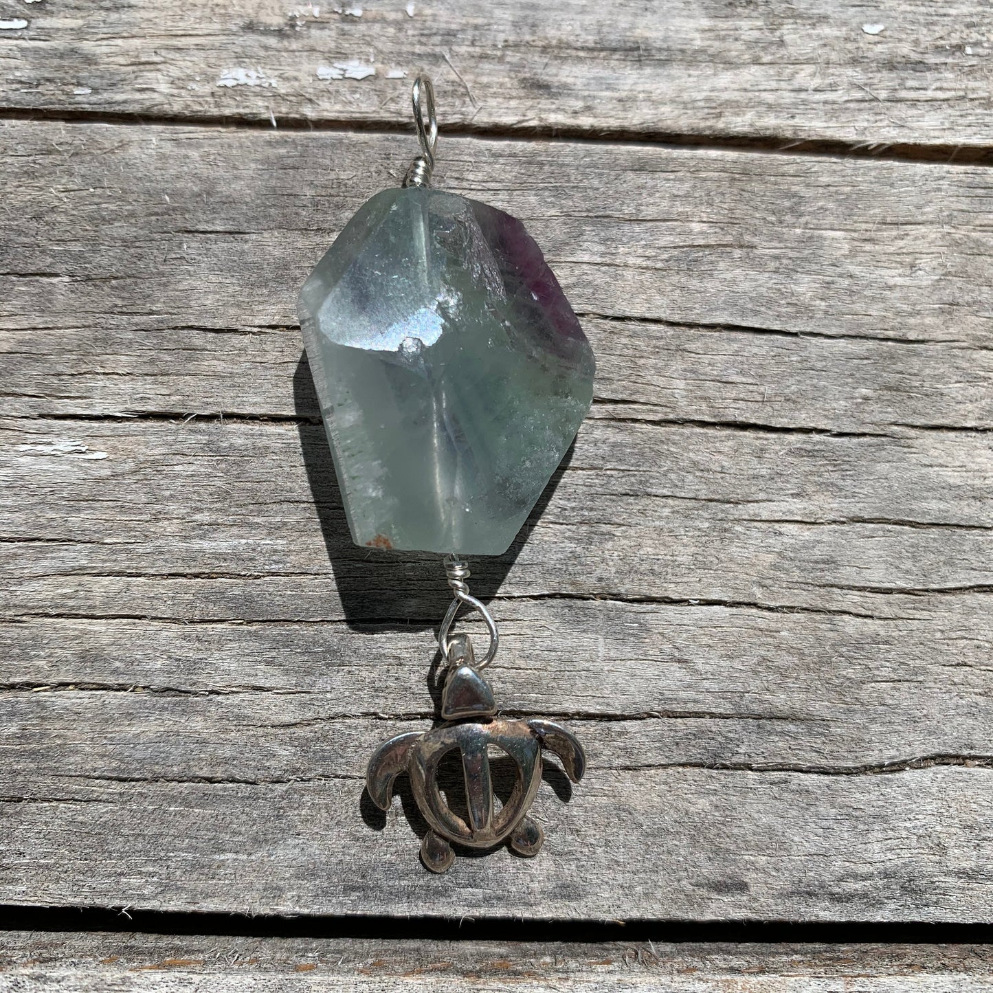 Pendant “Squirt” Sterling Sea Turtle charm, Large Rainbow Fluorite, Ocean Jewelry, Merfolk pendant, Gender Neutral, Reiki charged, Chakras