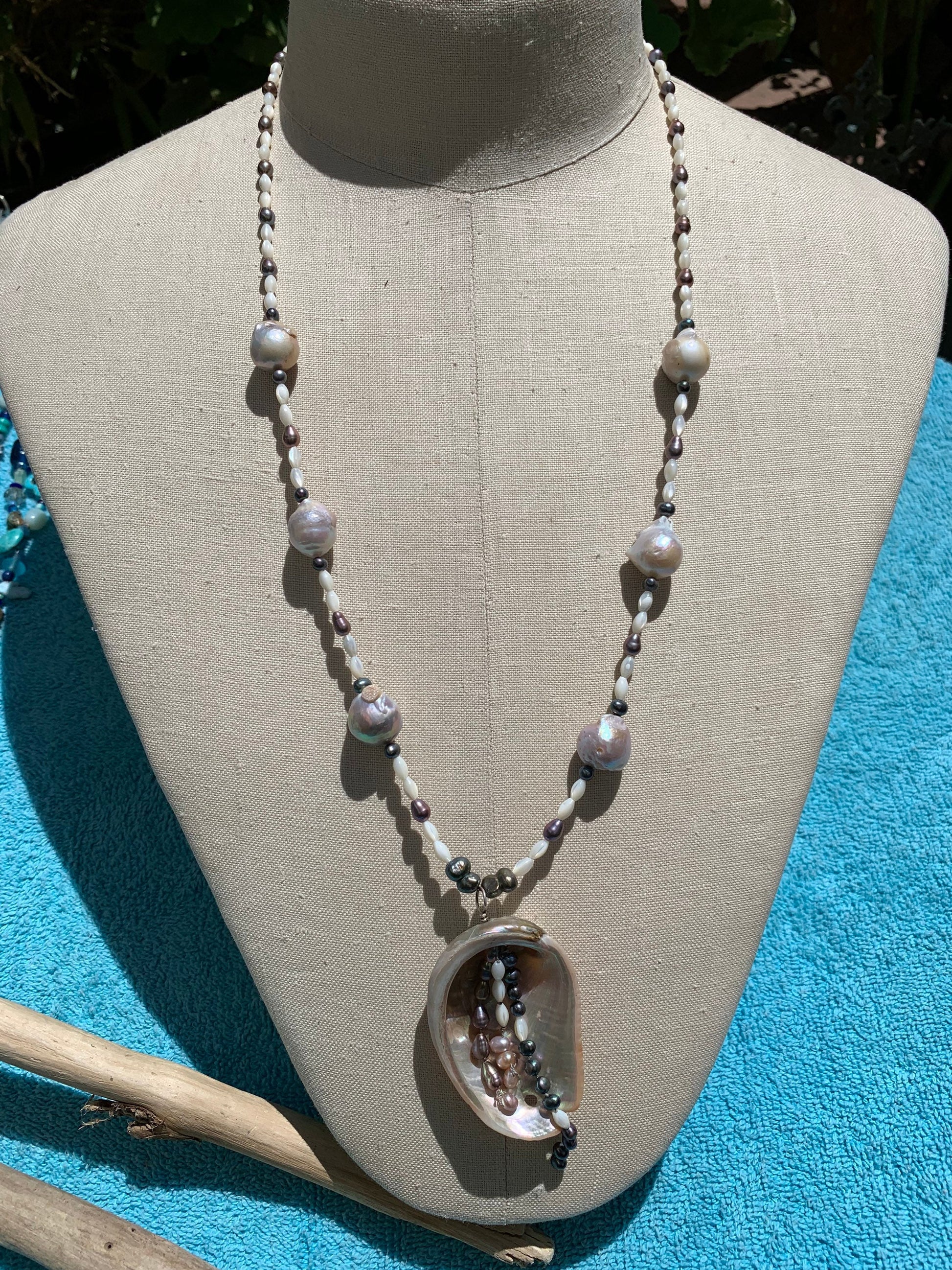 necklace "Waterfall" Abalone & Pearl pendant, Large Baroque Pearls, MOP beads, Mermaid jewelry, Ocean, pearl necklace, Reiki Yemaya Siren