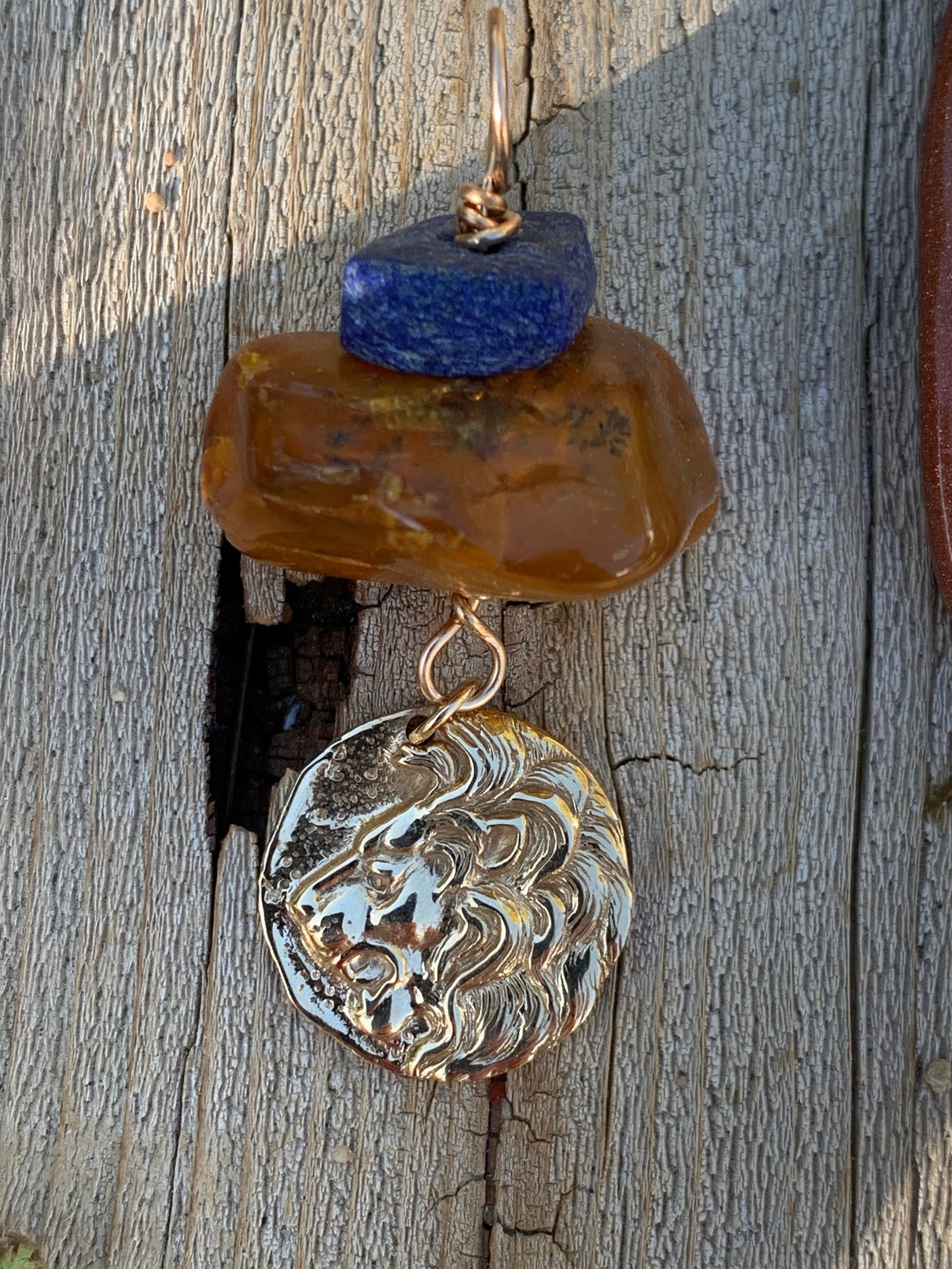 Pendant “Lion’s Gate” Large Vintage Amber nugget, Matted finished Afghan Lapis, Bronze Lion Head coin, Gender Neutral, Bronze jewelry, Reiki