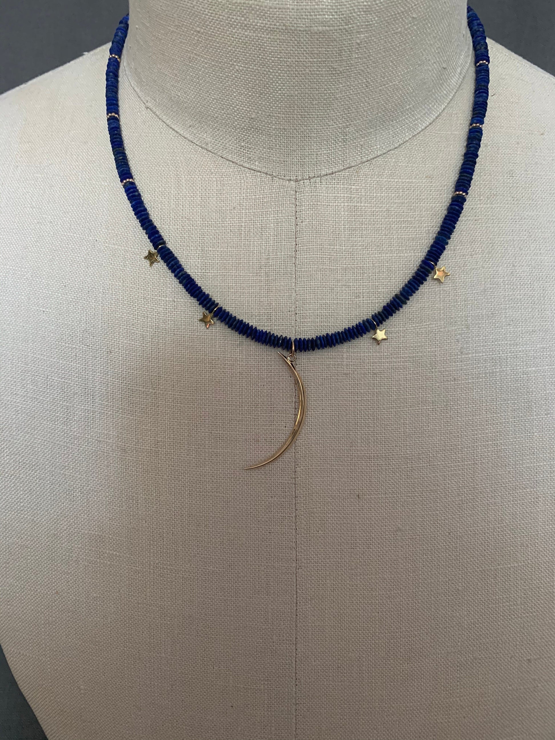 Necklace “Ancient Moon” Bronze Sliver Moon, Afghan Lapis, Bronze Stars, Bronze jewelry, Gift idea, Moon jewelry, Gender Neutral, Reiki vibes