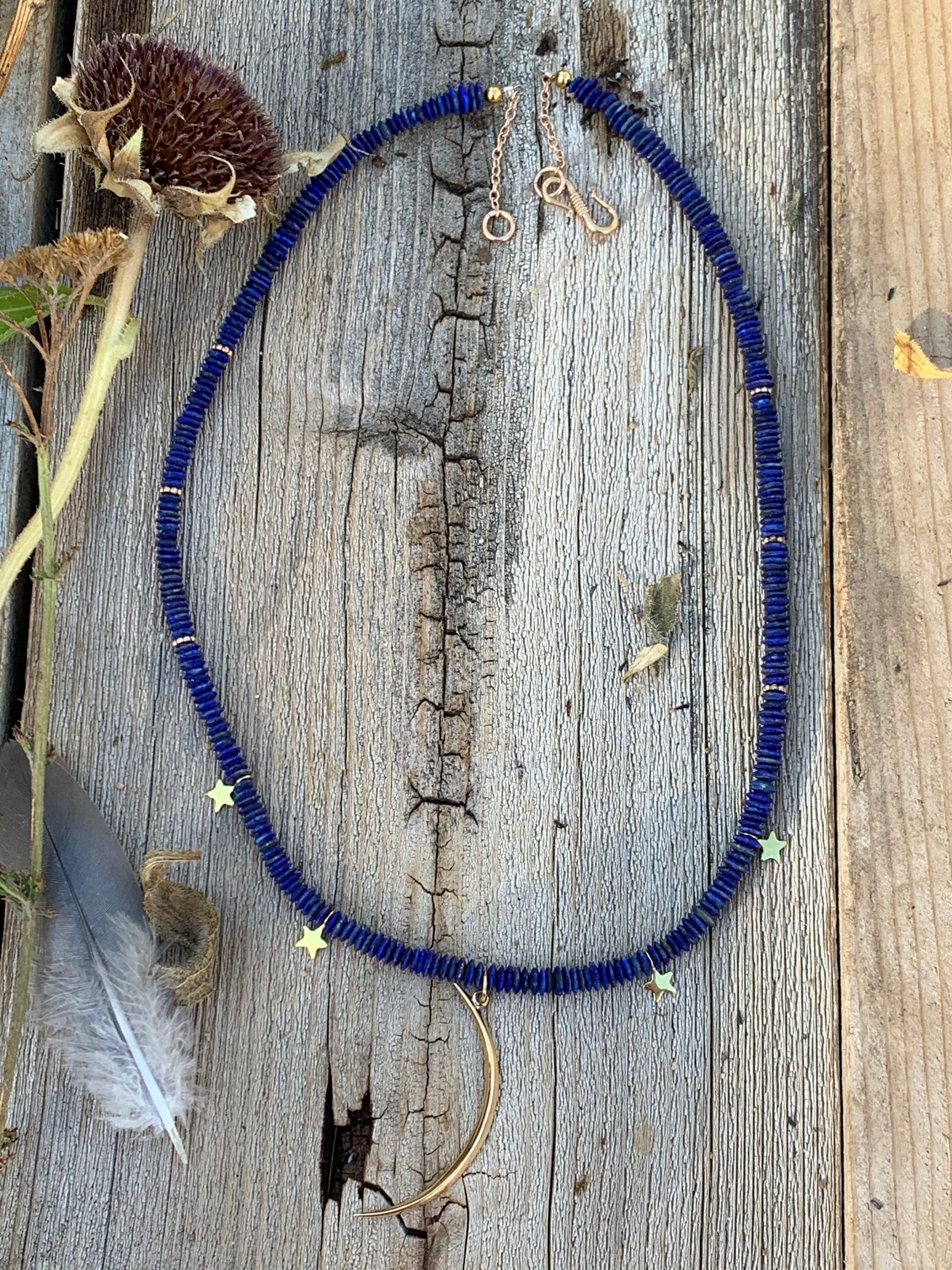 Necklace “Ancient Moon” Bronze Sliver Moon, Afghan Lapis, Bronze Stars, Bronze jewelry, Gift idea, Moon jewelry, Gender Neutral, Reiki vibes