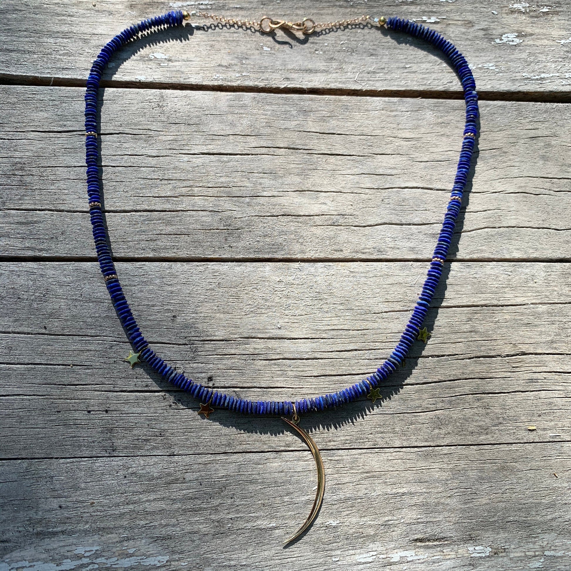 Necklace “Ancient Moon” Bronze Sliver Moon, Afghan Lapis, Bronze Stars, Bronze jewelry, Gift idea, Moon jewelry, Gender Neutral, Reiki vibes