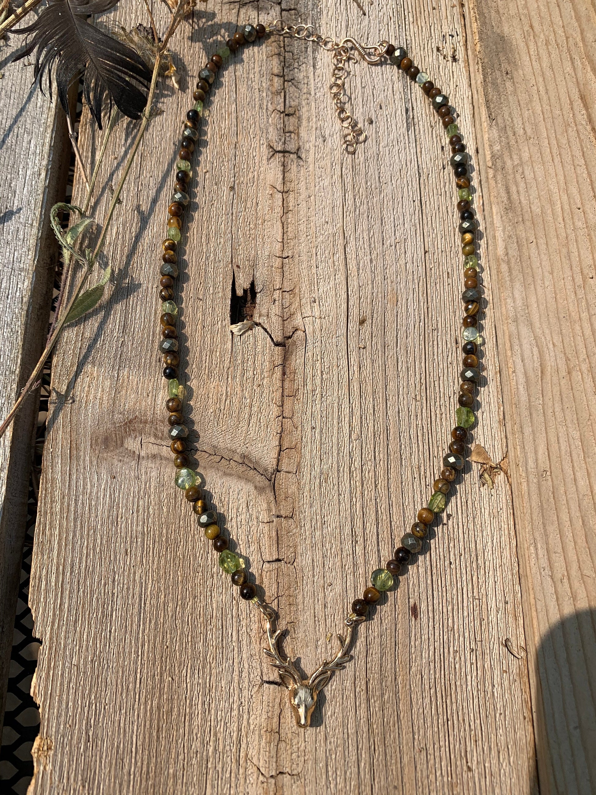 Necklace “Ancient Hart” Bronze Stag Head, Tiger Eye, Peridot, Pyrite, Gender Neutral, Reiki charged, Solar Plexus chakra, Prosperity stones