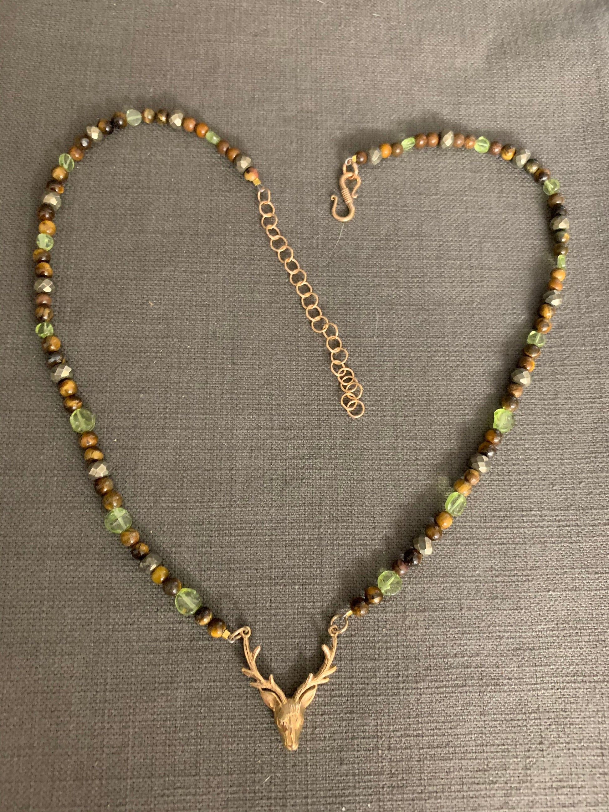 Necklace “Ancient Hart” Bronze Stag Head, Tiger Eye, Peridot, Pyrite, Gender Neutral, Reiki charged, Solar Plexus chakra, Prosperity stones