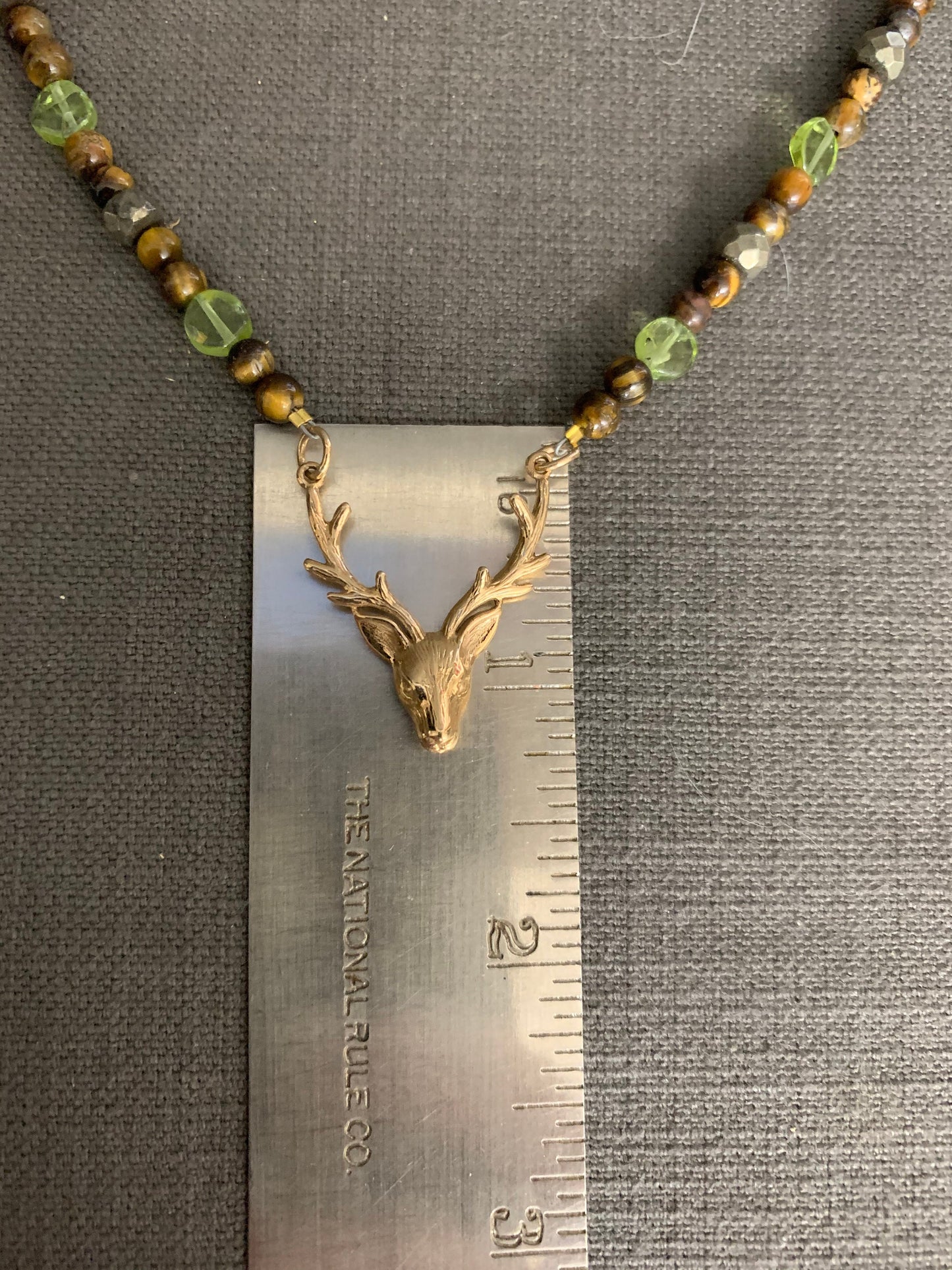 Necklace “Ancient Hart” Bronze Stag Head, Tiger Eye, Peridot, Pyrite, Gender Neutral, Reiki charged, Solar Plexus chakra, Prosperity stones