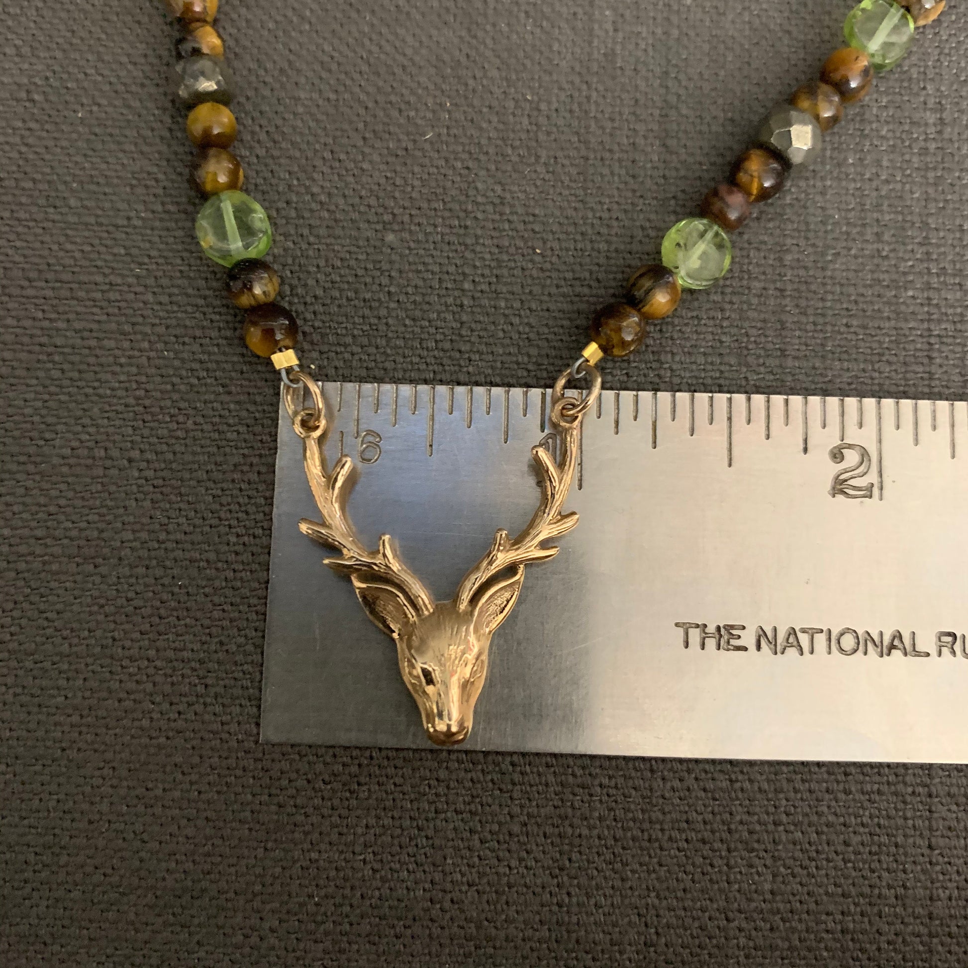 Necklace “Ancient Hart” Bronze Stag Head, Tiger Eye, Peridot, Pyrite, Gender Neutral, Reiki charged, Solar Plexus chakra, Prosperity stones