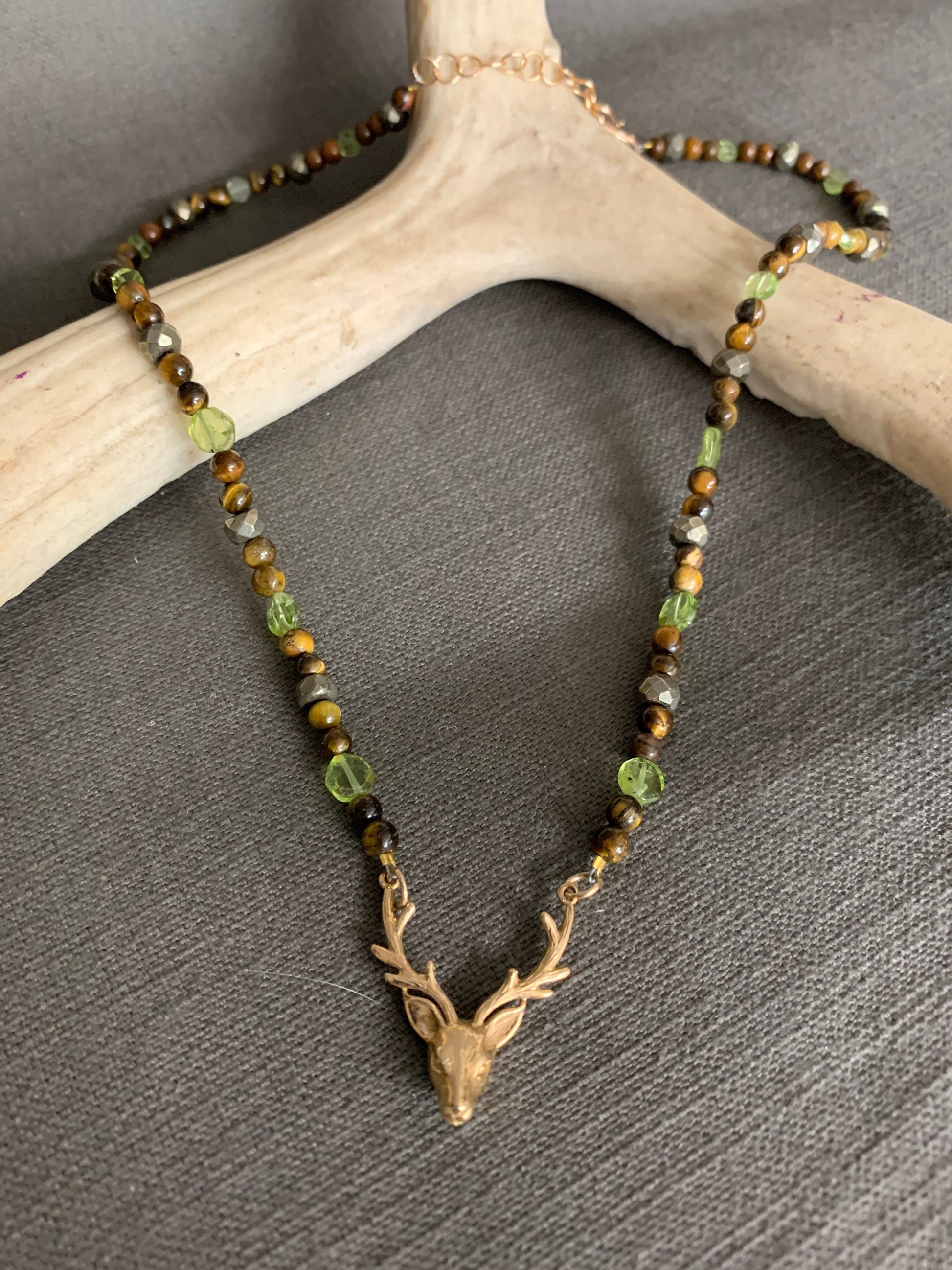 Necklace “Ancient Hart” Bronze Stag Head, Tiger Eye, Peridot, Pyrite, Gender Neutral, Reiki charged, Solar Plexus chakra, Prosperity stones