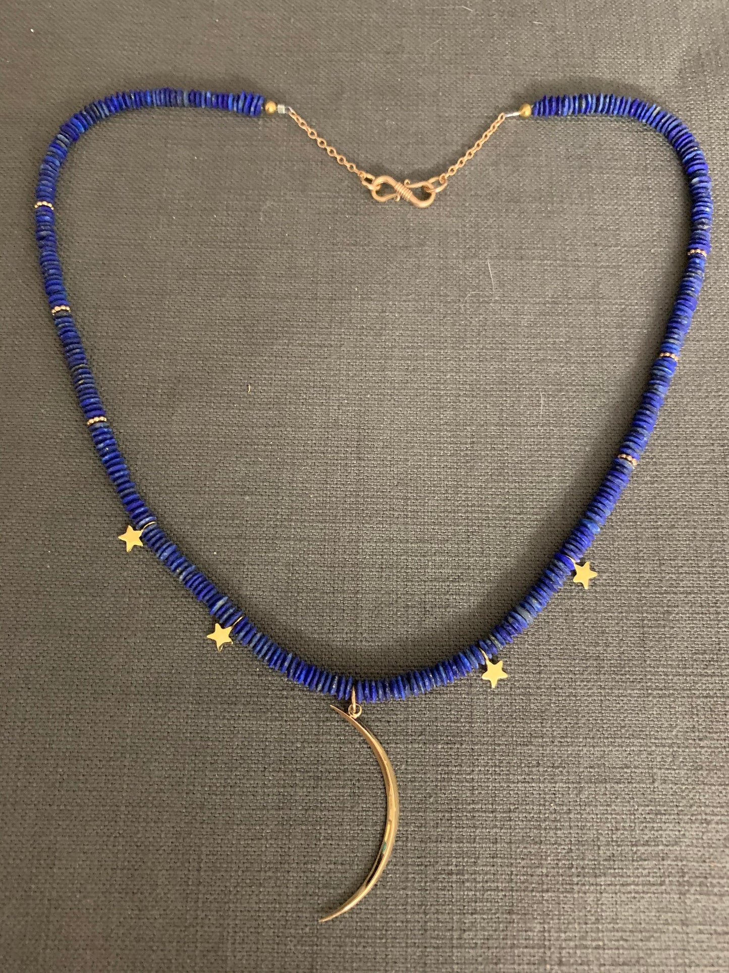 Necklace “Ancient Moon” Bronze Sliver Moon, Afghan Lapis, Bronze Stars, Bronze jewelry, Gift idea, Moon jewelry, Gender Neutral, Reiki vibes