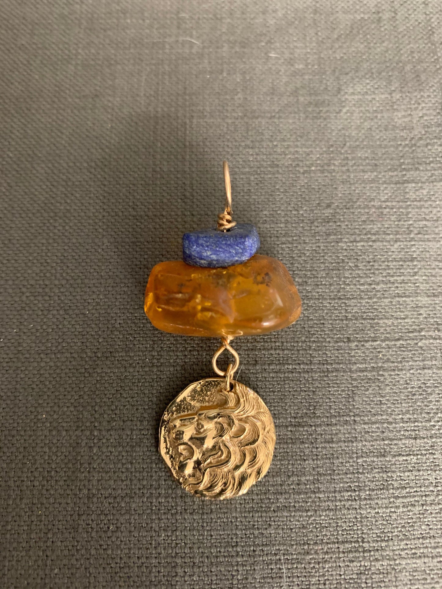 Pendant “Lion’s Gate” Large Vintage Amber nugget, Matted finished Afghan Lapis, Bronze Lion Head coin, Gender Neutral, Bronze jewelry, Reiki