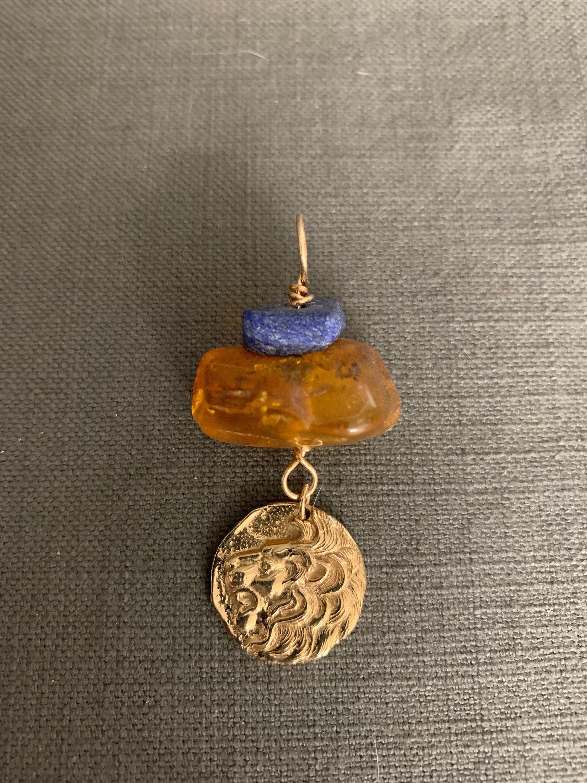 Pendant “Lion’s Gate” Large Vintage Amber nugget, Matted finished Afghan Lapis, Bronze Lion Head coin, Gender Neutral, Bronze jewelry, Reiki