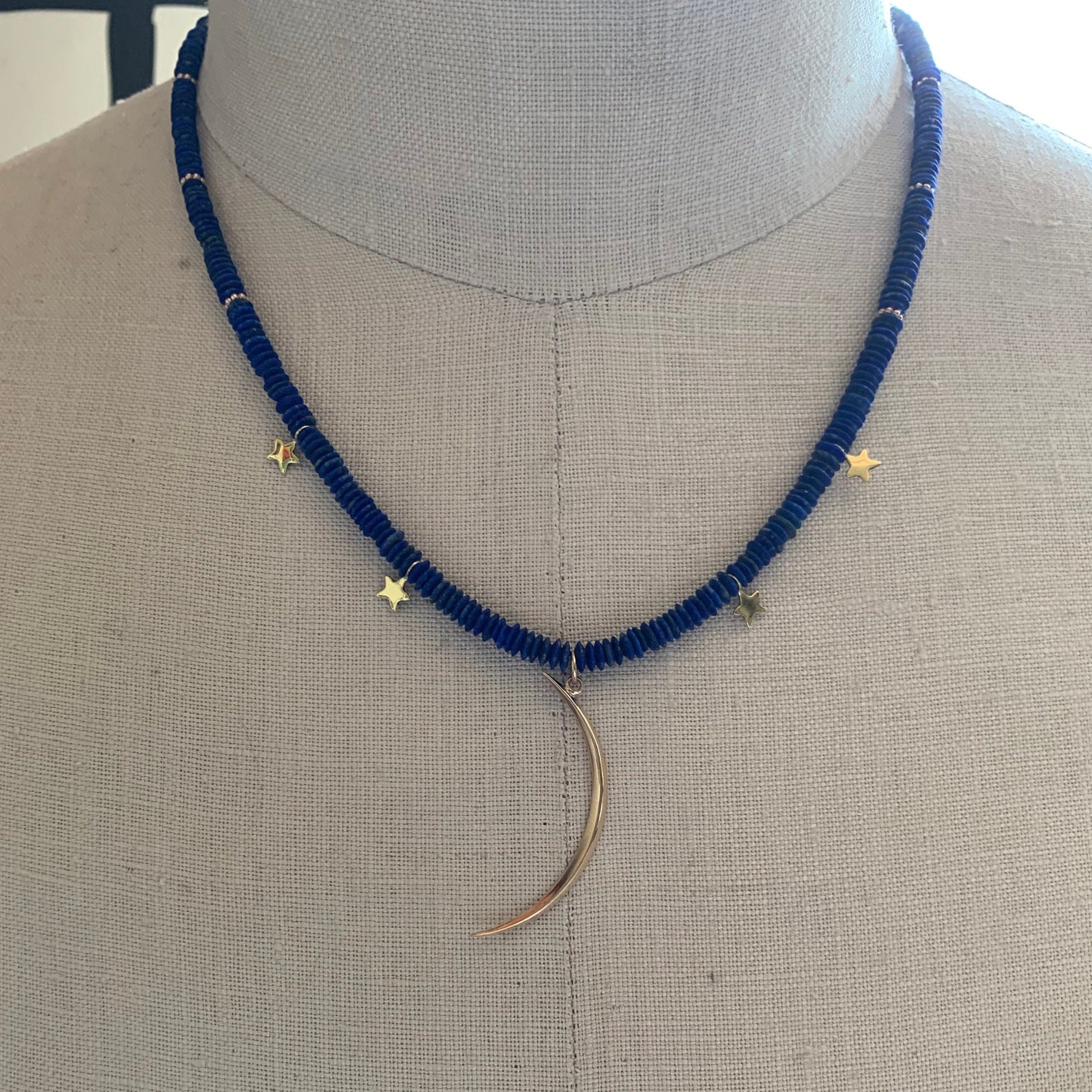 Necklace “Ancient Moon” Bronze Sliver Moon, Afghan Lapis, Bronze Stars, Bronze jewelry, Gift idea, Moon jewelry, Gender Neutral, Reiki vibes