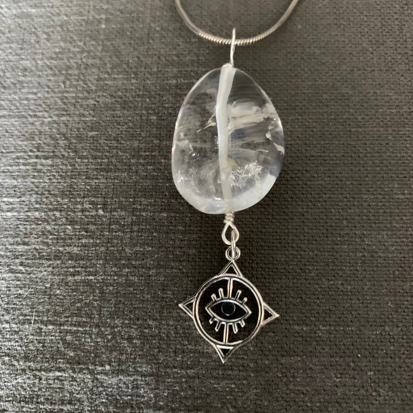 Pendant “Seeing in All Directions” Clear Quartz tumble, Sterling Compass Rose charm with Evil Eye, Gender Neutral jewelry, Reiki charged