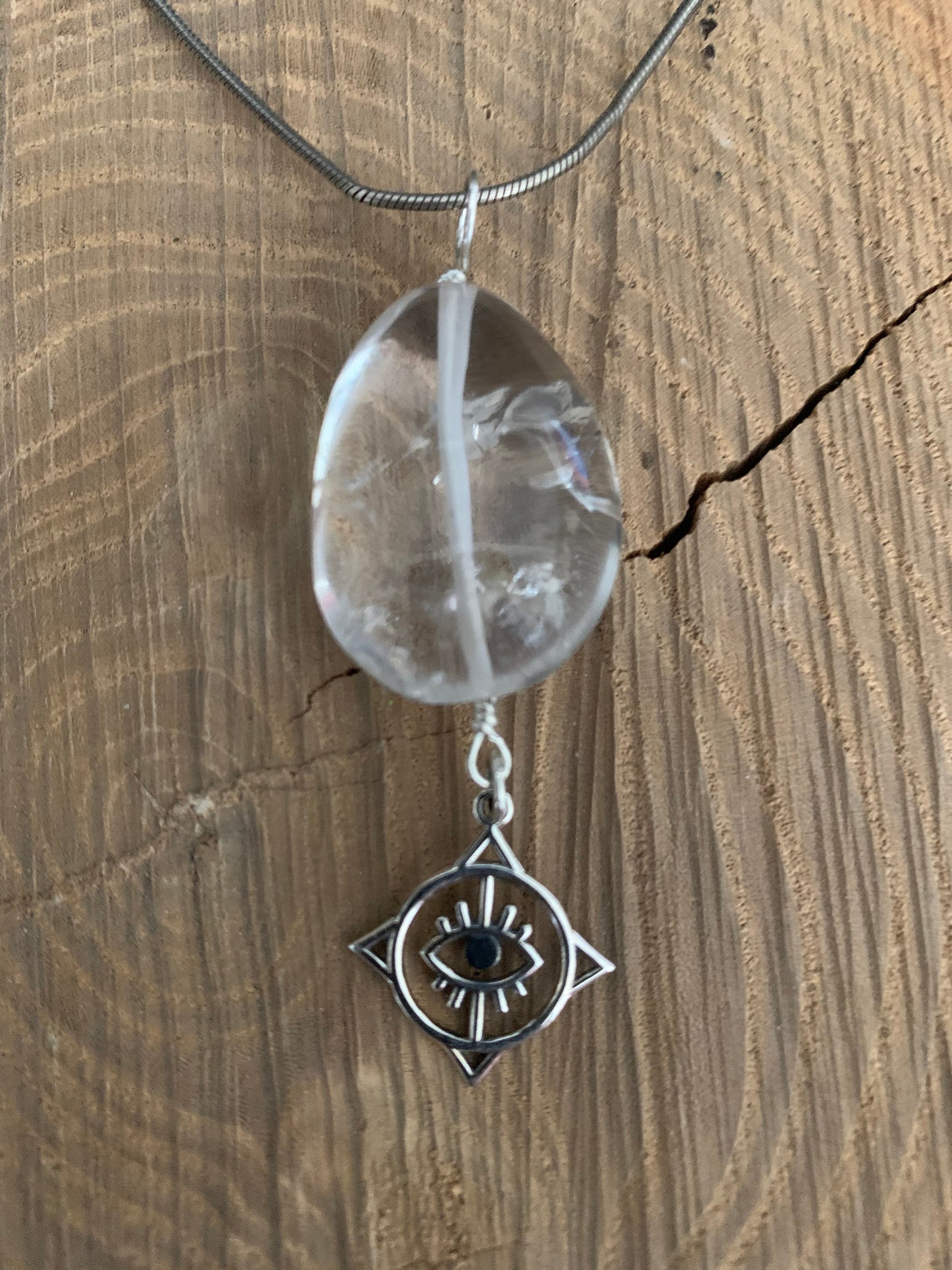 Pendant “Seeing in All Directions” Clear Quartz tumble, Sterling Compass Rose charm with Evil Eye, Gender Neutral jewelry, Reiki charged