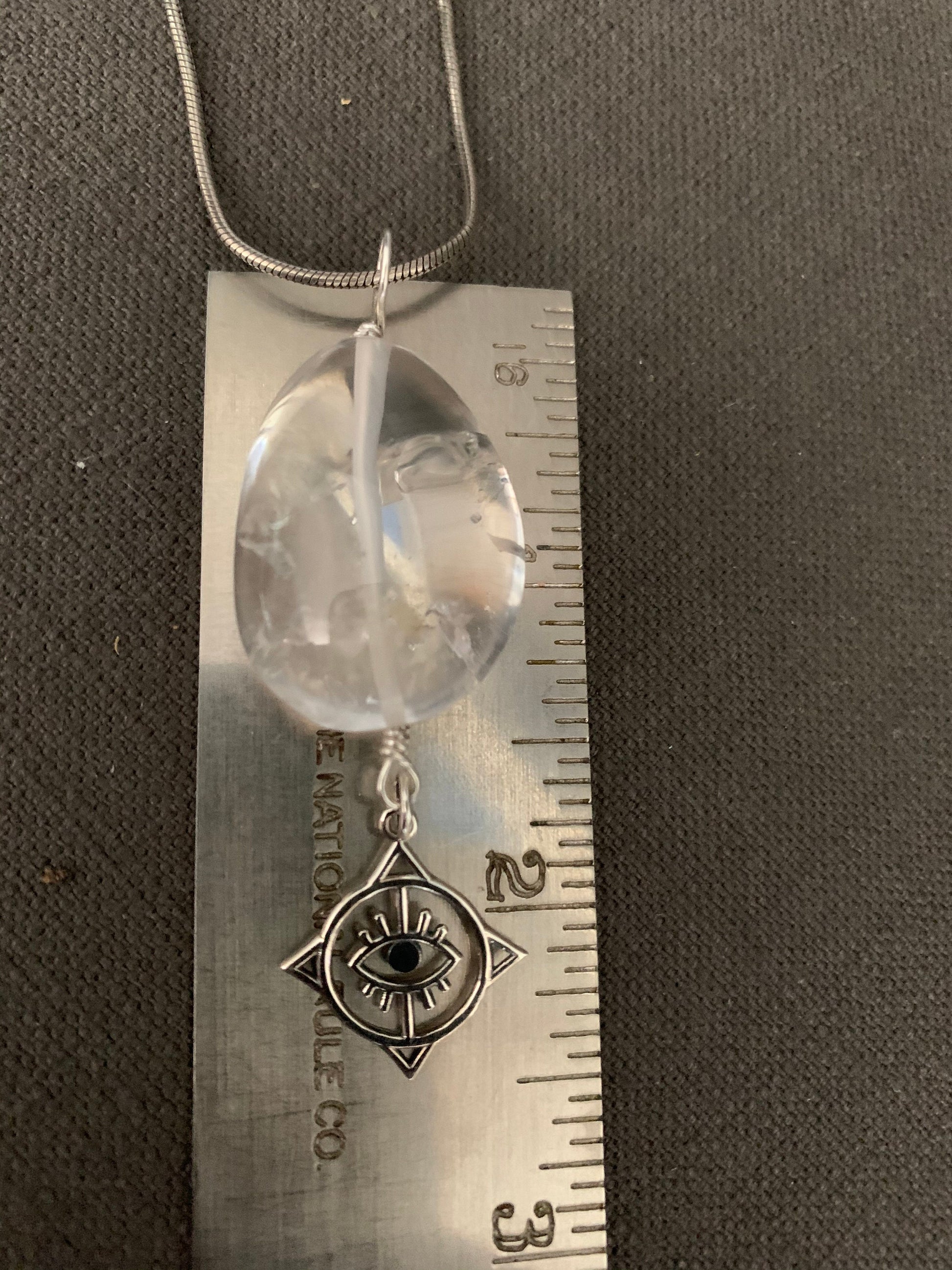 Pendant “Seeing in All Directions” Clear Quartz tumble, Sterling Compass Rose charm with Evil Eye, Gender Neutral jewelry, Reiki charged