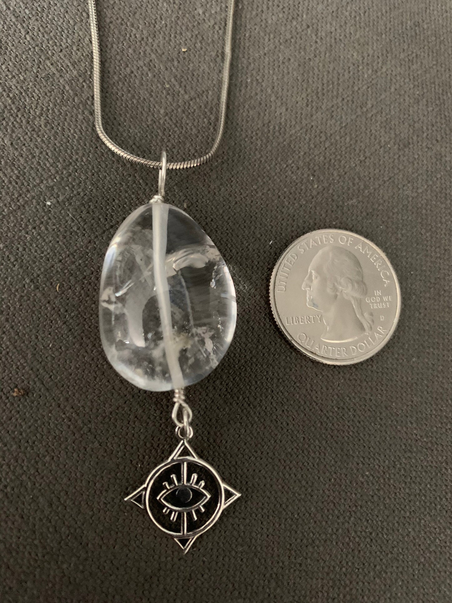 Pendant “Seeing in All Directions” Clear Quartz tumble, Sterling Compass Rose charm with Evil Eye, Gender Neutral jewelry, Reiki charged