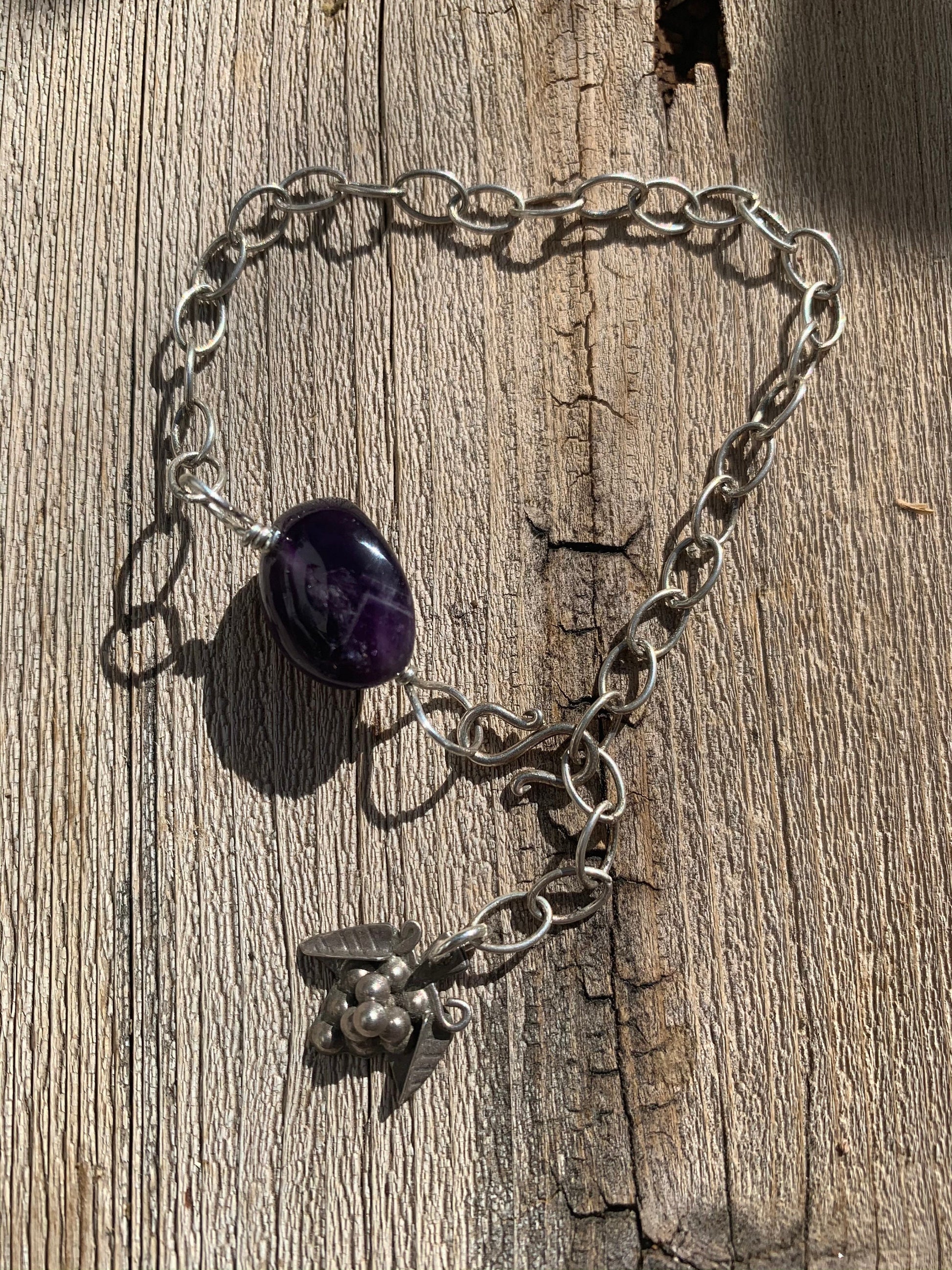 Bracelet “Grape Stomp” Sterling Cable chain bracelet, Chevron Amethyst, Vintage Sterling Grape charm, Wine Lover, Gender neutral, Gift idea