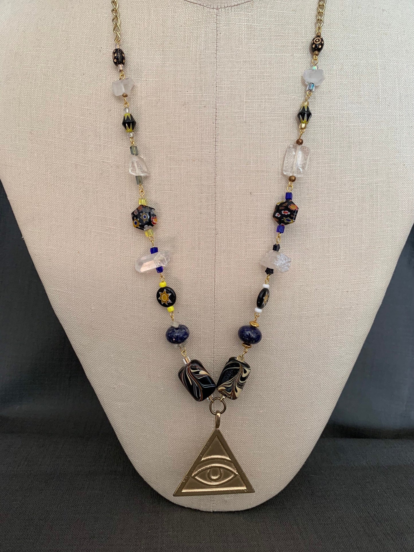 necklace "All Seeing" All Seeing Eye pendant, Lampwork beads, Lapis, Quartz, Millefiori, Gender Neutral, Handmade Links, Upcycled chain