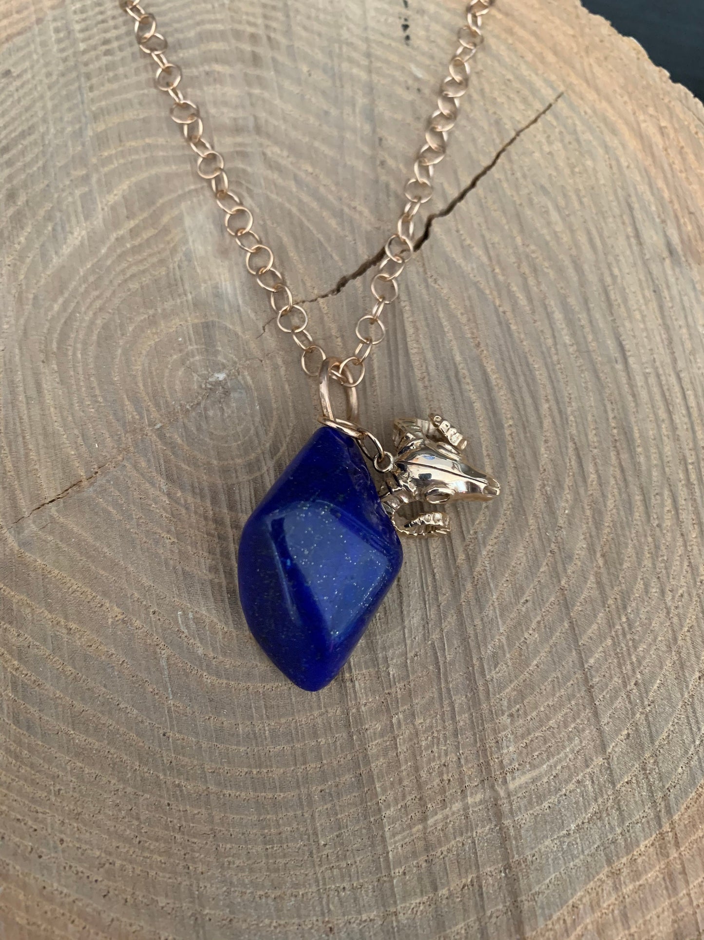 Pendant “Ram Skull” Bronze Ram Skull, Afghan Lapis, Memento Mori, Gender Neutral Jewelry, Ram Totem, Animal Guide, Reiki charged, Samhain