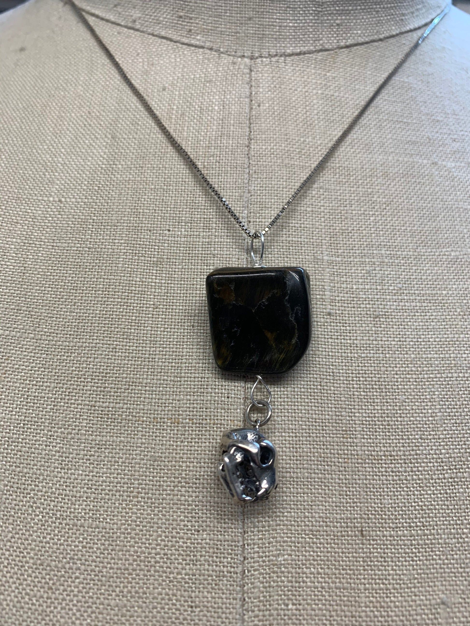 Pendant “Cat Skull” sterling Cat Skull charm, Tiger Eye, Memento Mori, Cat totem, Animal guide, Gender Neutral jewelry, Reiki charged, Skull