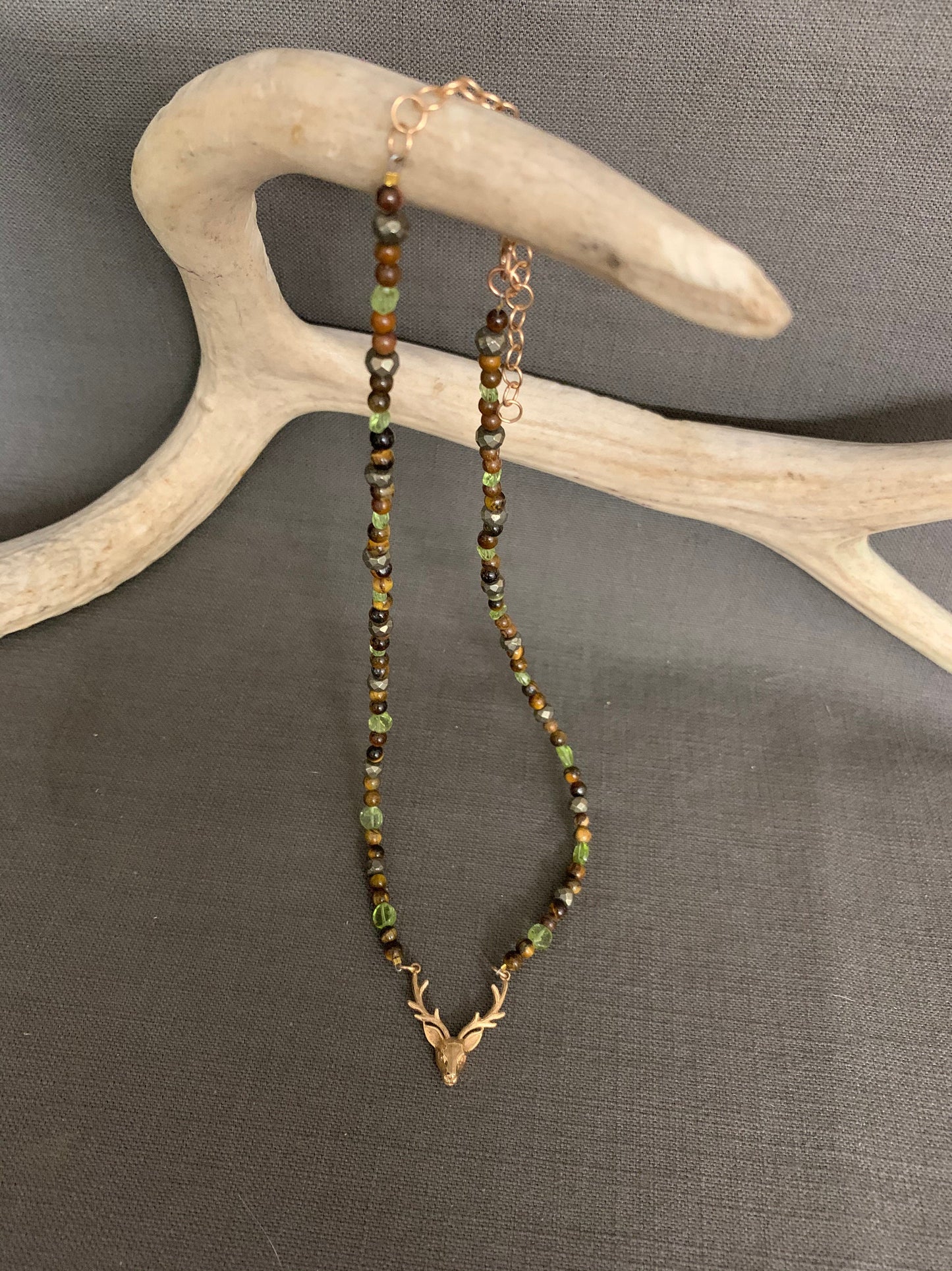 Necklace “Ancient Hart” Bronze Stag Head, Tiger Eye, Peridot, Pyrite, Gender Neutral, Reiki charged, Solar Plexus chakra, Prosperity stones