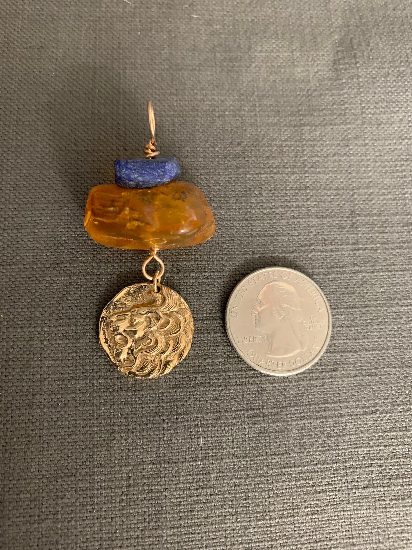 Pendant “Lion’s Gate” Large Vintage Amber nugget, Matted finished Afghan Lapis, Bronze Lion Head coin, Gender Neutral, Bronze jewelry, Reiki