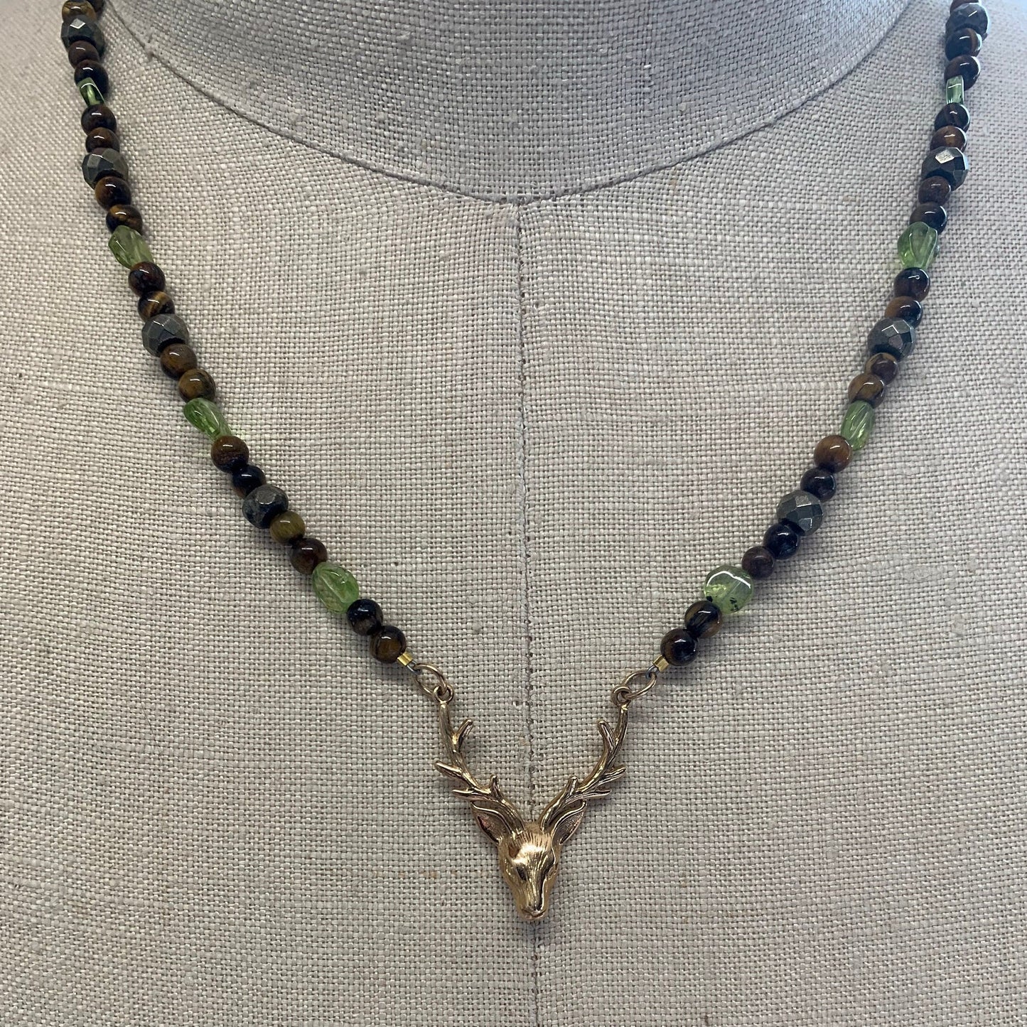 Necklace “Ancient Hart” Bronze Stag Head, Tiger Eye, Peridot, Pyrite, Gender Neutral, Reiki charged, Solar Plexus chakra, Prosperity stones