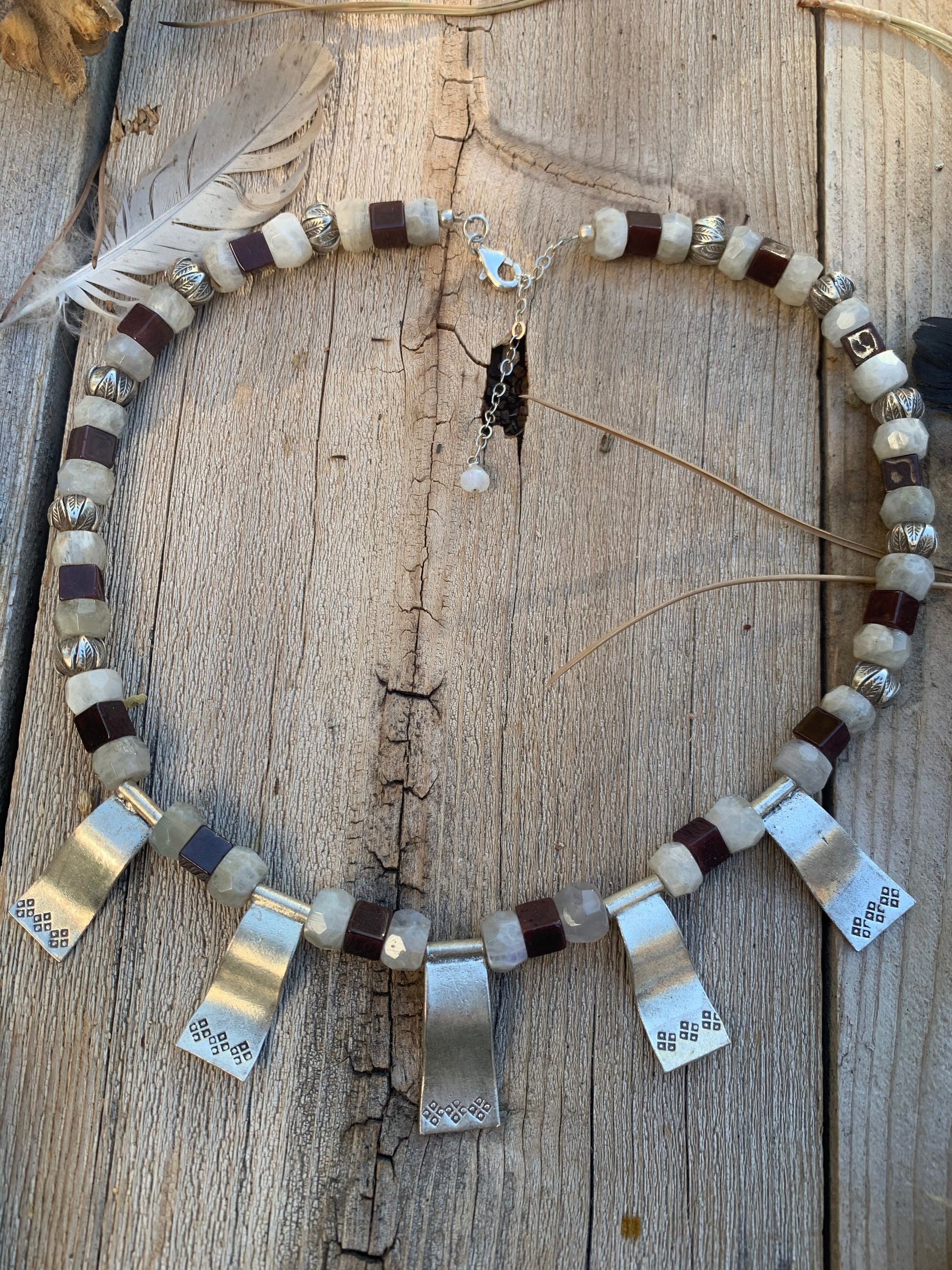 necklace "Smoldering Moon" Hill Tribe Silver Pendants & Beads, Large Moonstone rondelles, Garnet Cubes, Statement Piece, Gift idea, Reiki