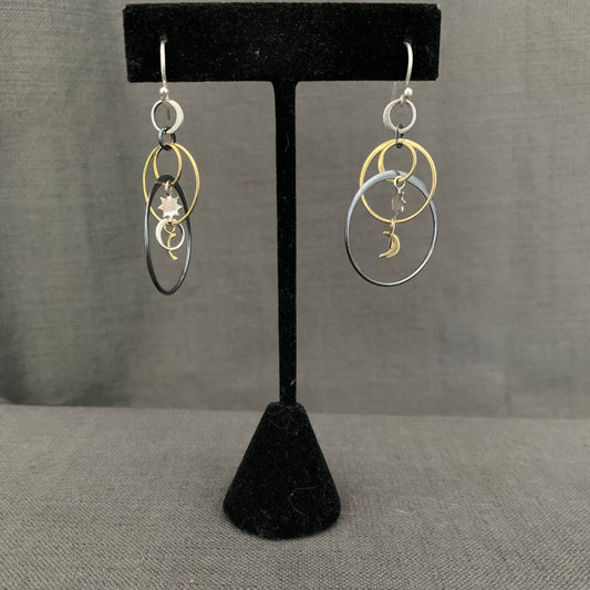 Hoop Earrings “Inter-dimensional Hoops” Sterling and bronze links, Bronze Moons, Sterling Suns, Gift idea, Zoom earrings