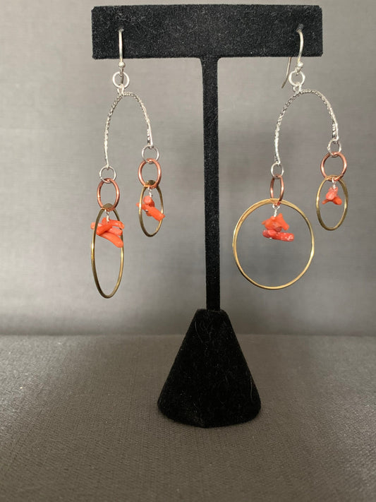 Earrings “Hoops in Balance” Vintage Branch Coral, Sterling charm, Bronze links, Copper rings, Statement Earrings, Sacred Geometry, Reiki