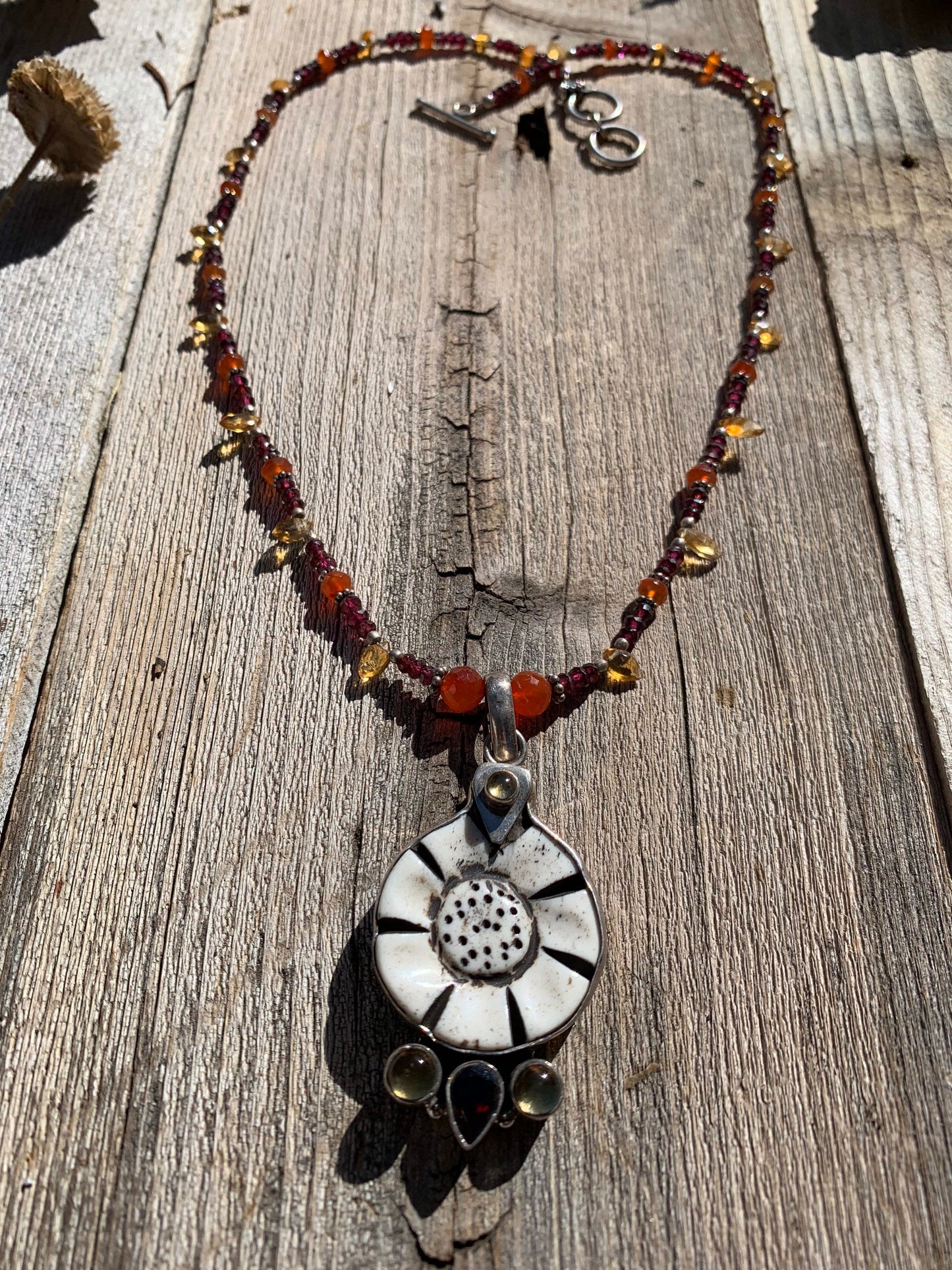 necklace "Sunflower" Carved Flower pendant, Garnet, Citrine, Carnelian, Flower Power, Sunflower jewelry, Reiki charged, Chakra jewelry