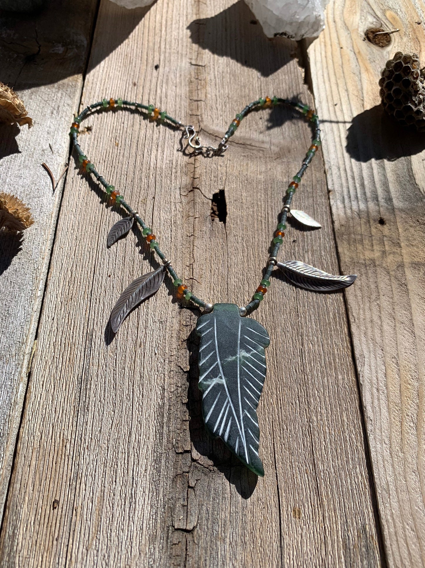 necklace "Grows on Trees" Jade Leaf pendant, Fine Silver leaves, Jade necklace, Carnelian, Gender Neutral, Gift idea, Reiki charged