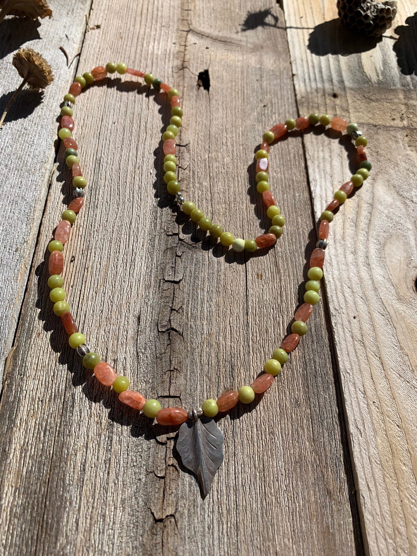 necklace "Autumn" Fine Silver Leaf pendant, Serpentine, Sunstone, Gender Neutral jewelry, Reiki charged, Hill Tribe Silver, Chiang Mai beads