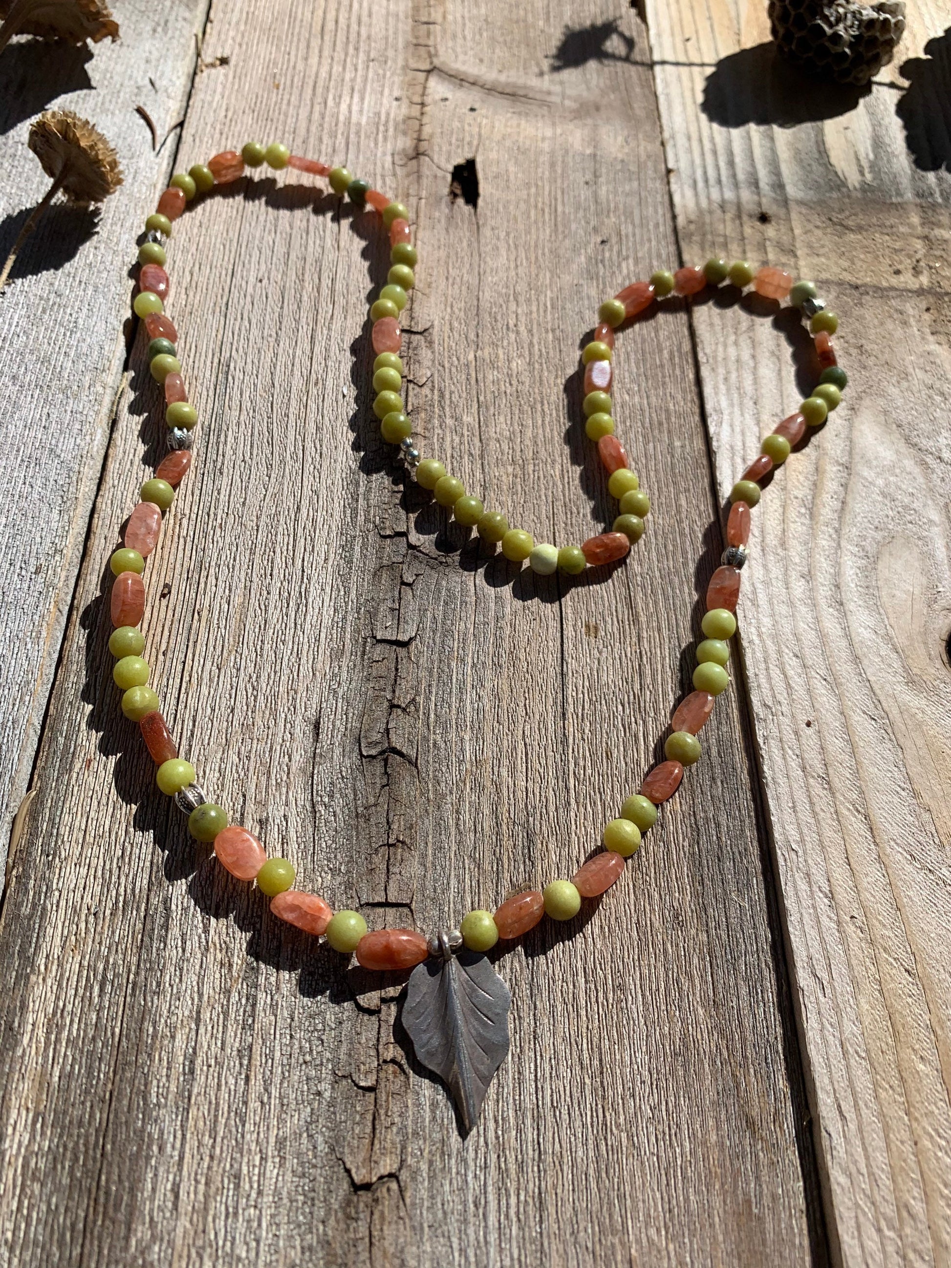 necklace "Autumn" Fine Silver Leaf pendant, Serpentine, Sunstone, Gender Neutral jewelry, Reiki charged, Hill Tribe Silver, Chiang Mai beads