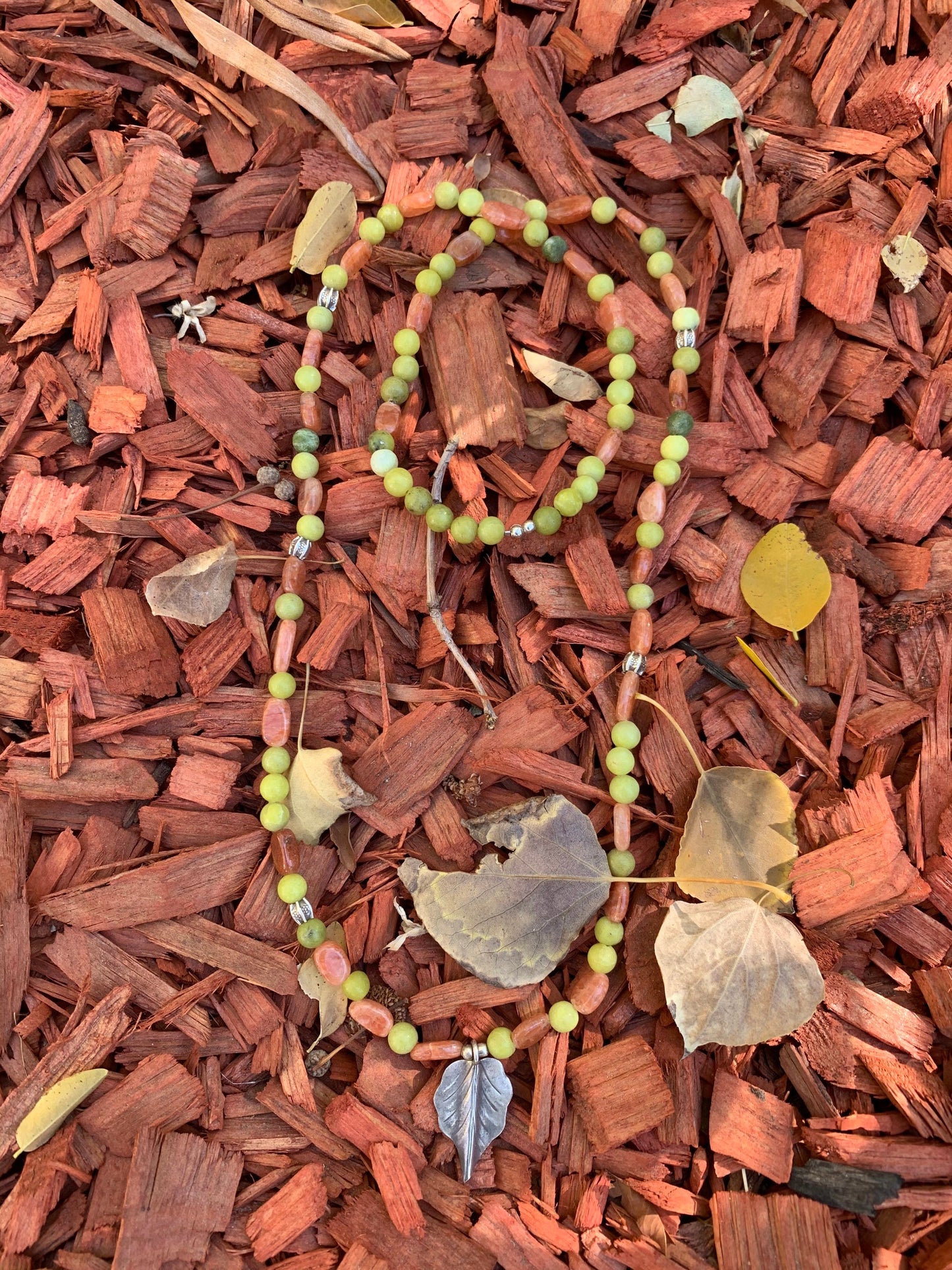 necklace "Autumn" Fine Silver Leaf pendant, Serpentine, Sunstone, Gender Neutral jewelry, Reiki charged, Hill Tribe Silver, Chiang Mai beads