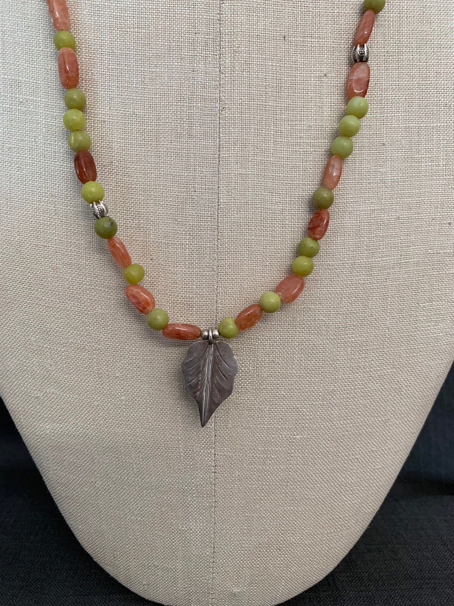 necklace "Autumn" Fine Silver Leaf pendant, Serpentine, Sunstone, Gender Neutral jewelry, Reiki charged, Hill Tribe Silver, Chiang Mai beads