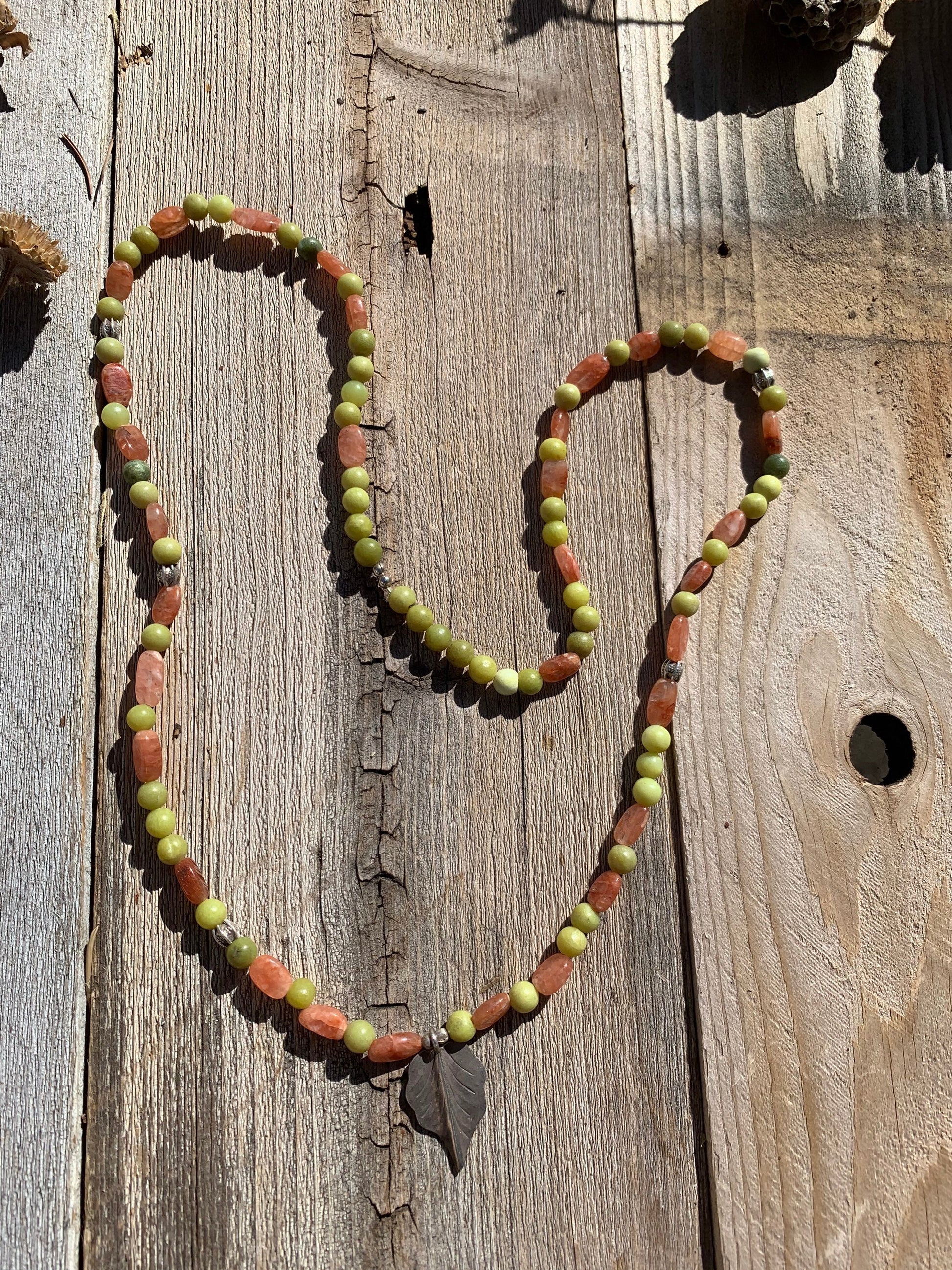 necklace "Autumn" Fine Silver Leaf pendant, Serpentine, Sunstone, Gender Neutral jewelry, Reiki charged, Hill Tribe Silver, Chiang Mai beads