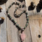 necklace "Love Grows" Carved Rose Quartz Leaf pendant, Chiang Mai Silver beads, Serpentine Hearts, Statement Piece, Hill Tribe Silver, Reiki