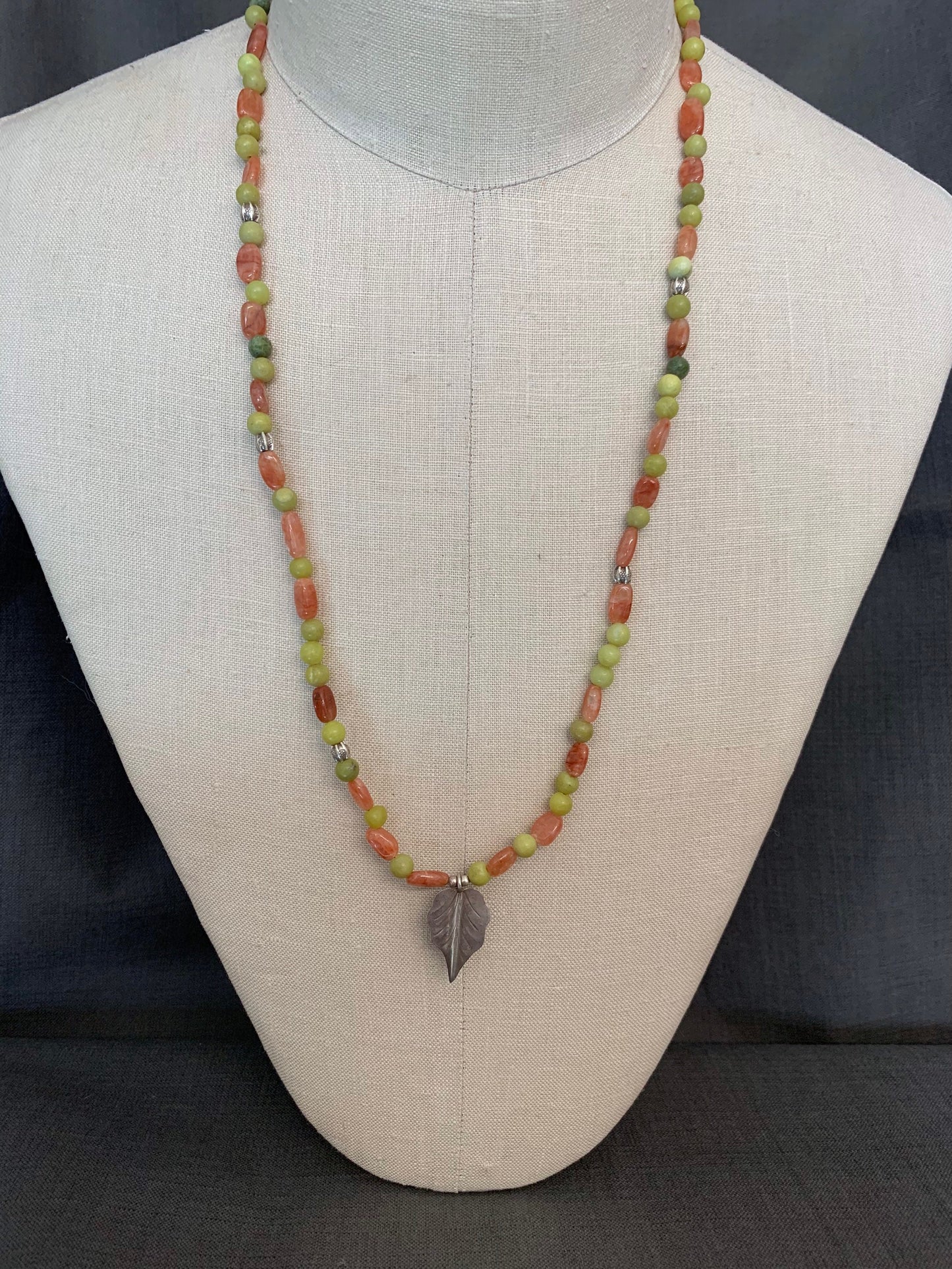 necklace "Autumn" Fine Silver Leaf pendant, Serpentine, Sunstone, Gender Neutral jewelry, Reiki charged, Hill Tribe Silver, Chiang Mai beads