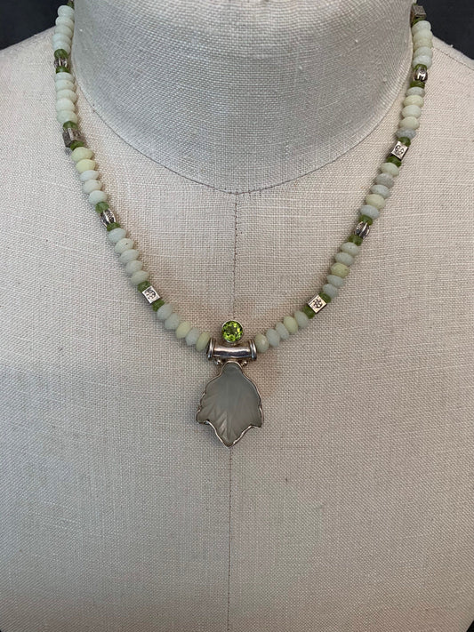 necklace "Almost Spring" Carved Jade Leaf & Peridot pendant, White jade, Hill Tribe Silver beads, Peridot, Ostara jewelry, Reiki charged