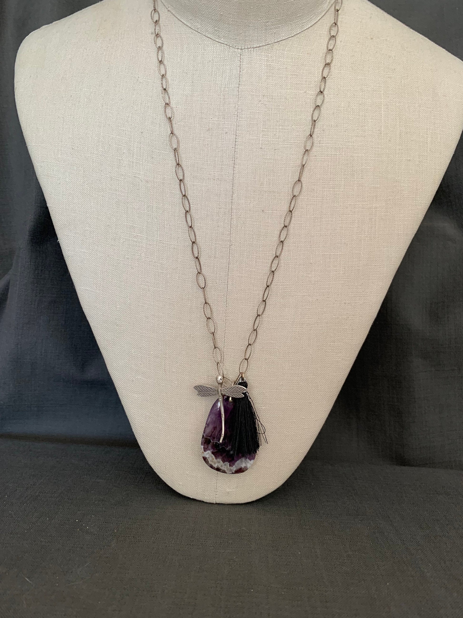 pendant "Transformative Healing" Chevron Amethyst, Hill Tribe Silver Damselfly, Black Tassel, Sterling chain, Reiki charged, Gift idea