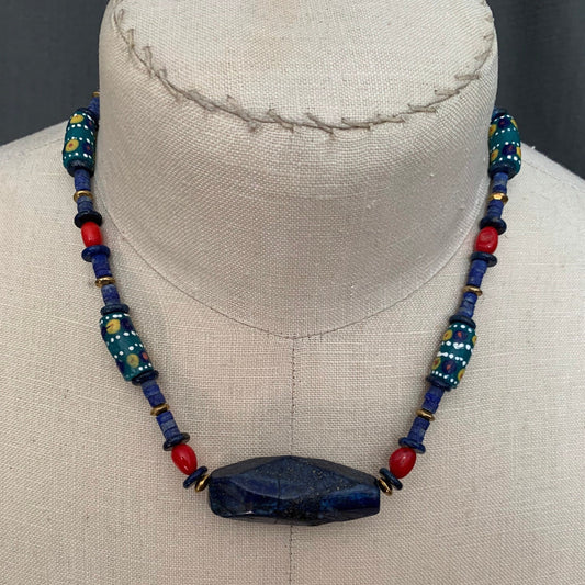 Necklace "Fit for a Queen" Afghani Lapis, Krobo beads, Fire coral, Queen of Heaven, Gender Neutral, Gift Idea, Reiki charged