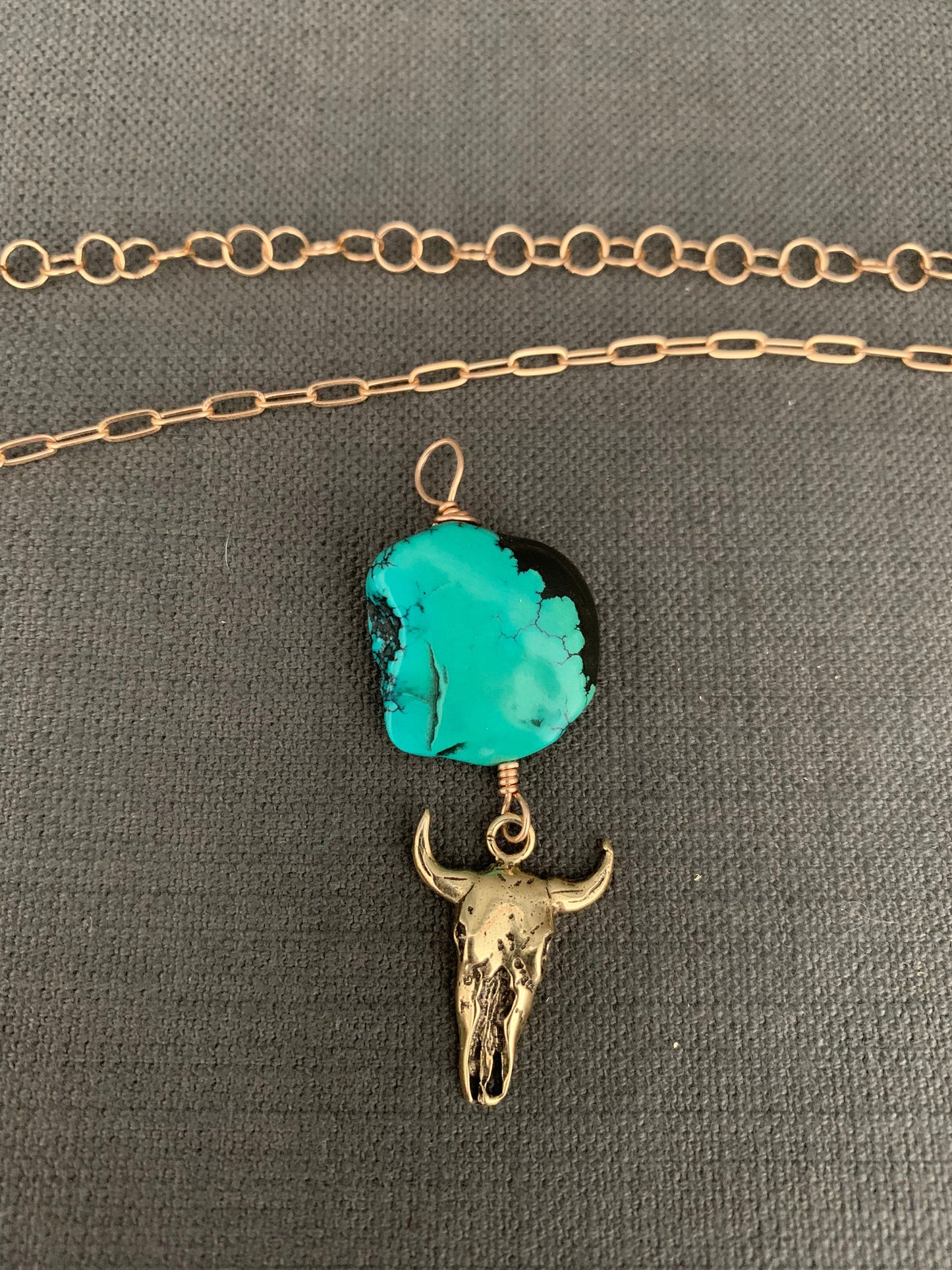 Pendant “Cow skull” Bronze Cow Skull, Turquoise, Memento Mori, Gender Neutral jewelry, Cow Totem, Animal Guide, Reiki charged, Samhain