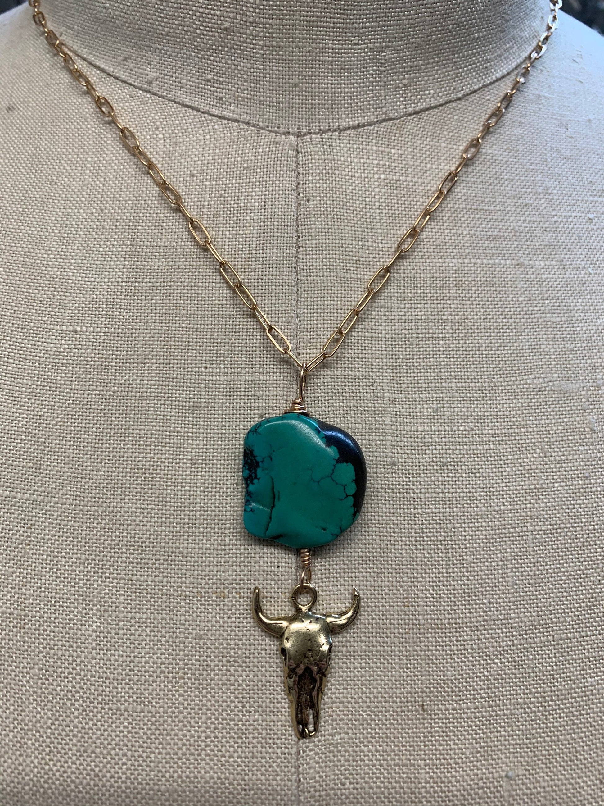 Pendant “Cow skull” Bronze Cow Skull, Turquoise, Memento Mori, Gender Neutral jewelry, Cow Totem, Animal Guide, Reiki charged, Samhain