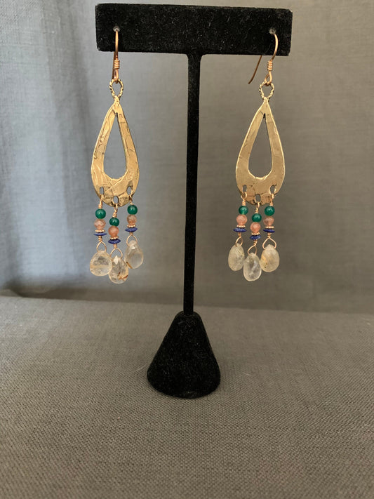 Earrings “Ancient Tear Drops” Bronze Teardrop charms, Rutilated quartz, Lapis, Sunstone, Green Agate, Chandelier earrings, Gift idea, Reiki