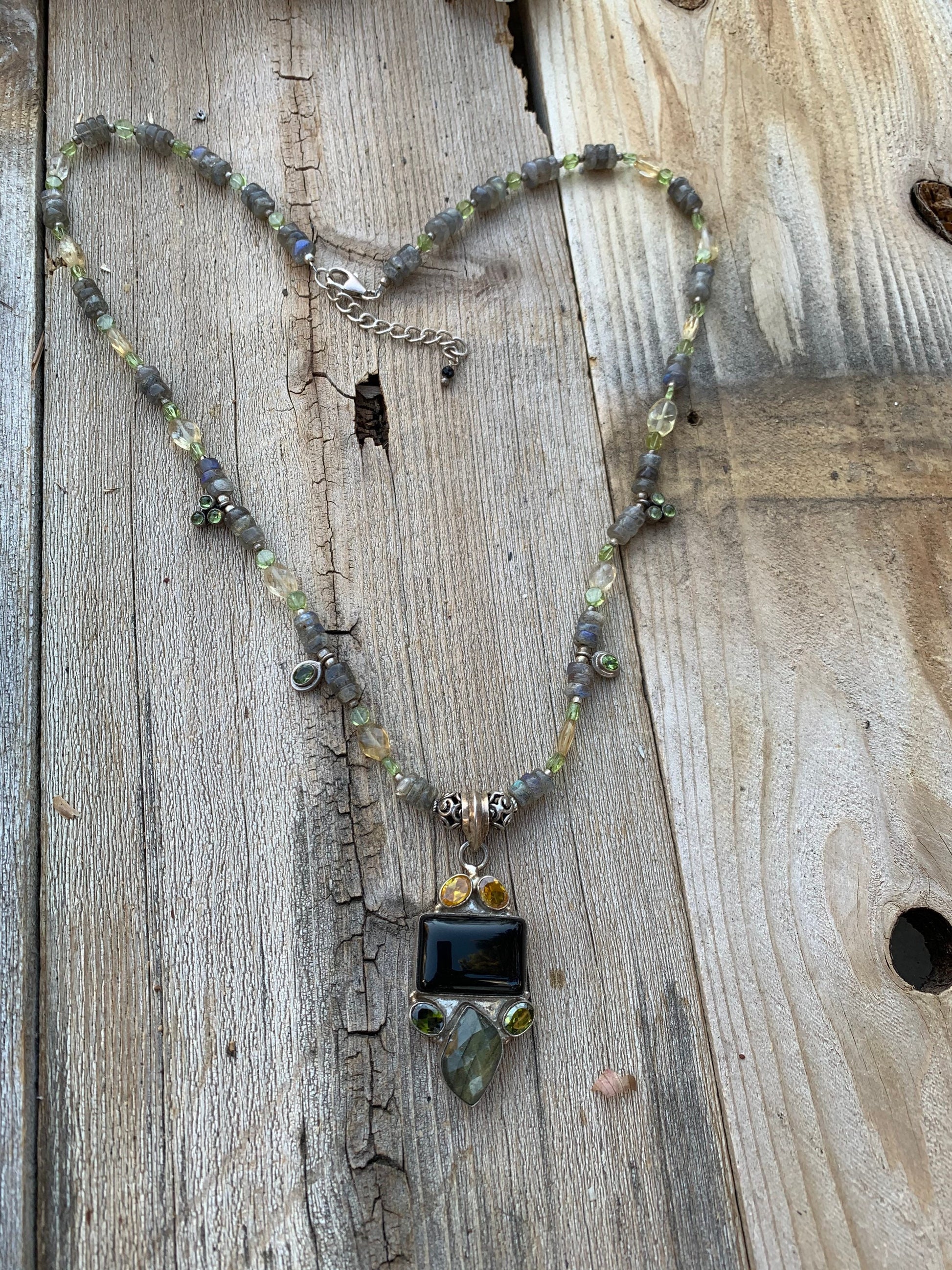 necklace "Night Forest" Onyx Labradorite Citrine & Peridot pendant, Labradorite, Peridot, Citrine, Gift Idea, Statemen necklace, Reiki vibes