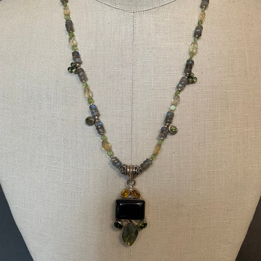 necklace "Night Forest" Onyx Labradorite Citrine & Peridot pendant, Labradorite, Peridot, Citrine, Gift Idea, Statemen necklace, Reiki vibes