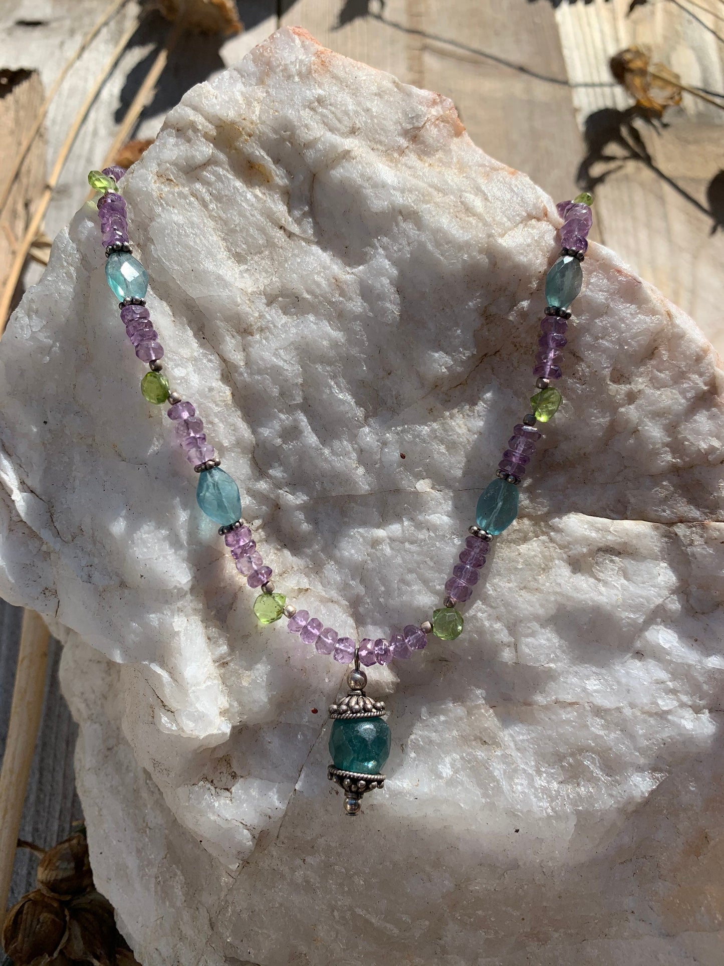 apatite necklace "Peacock Jewels" Apatite pendant, Amethyst, Peridot, Peacock inspired, Reiki charged, Gift idea, Stacking necklace, Chakra