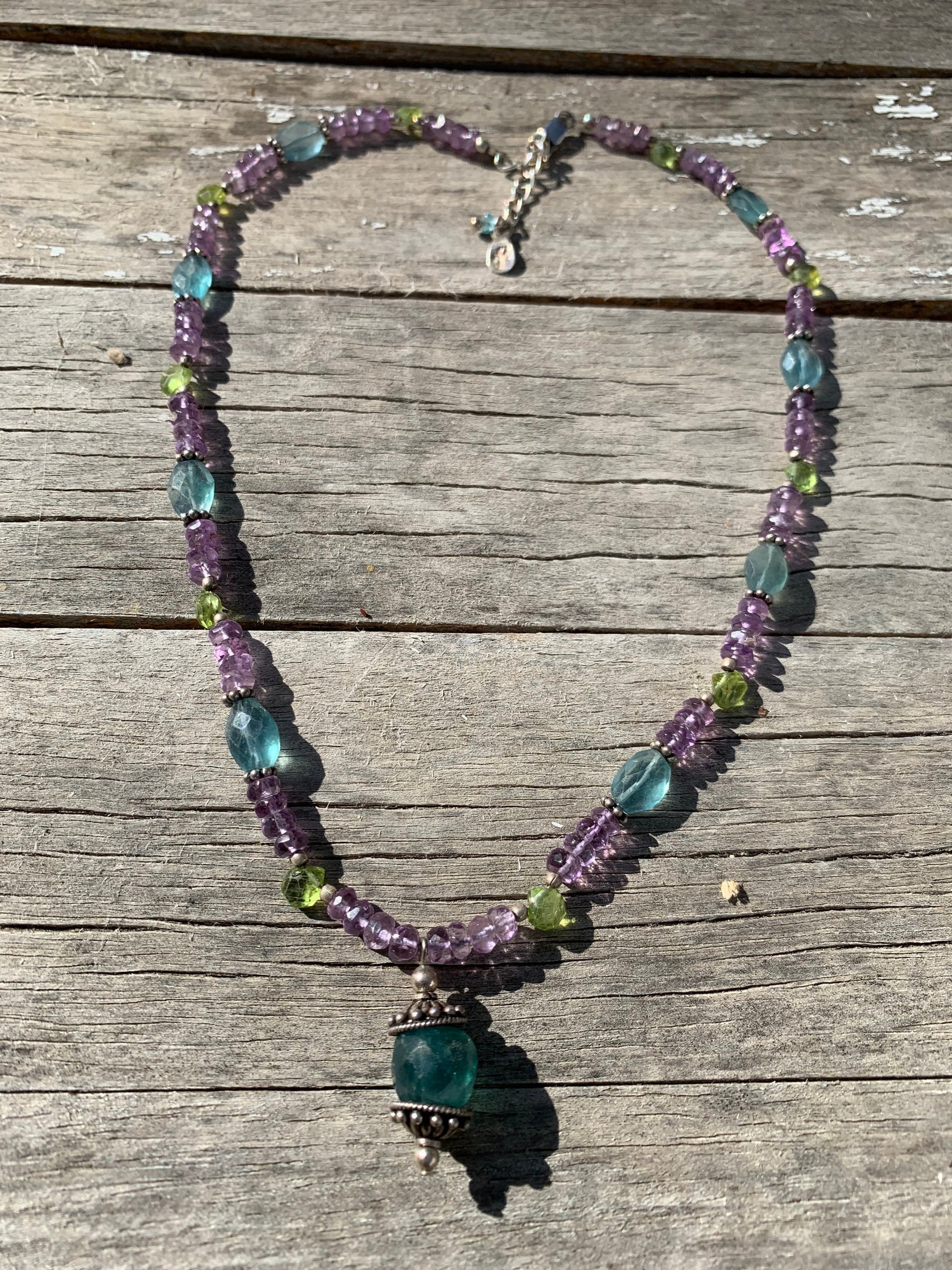 apatite necklace "Peacock Jewels" Apatite pendant, Amethyst, Peridot, Peacock inspired, Reiki charged, Gift idea, Stacking necklace, Chakra