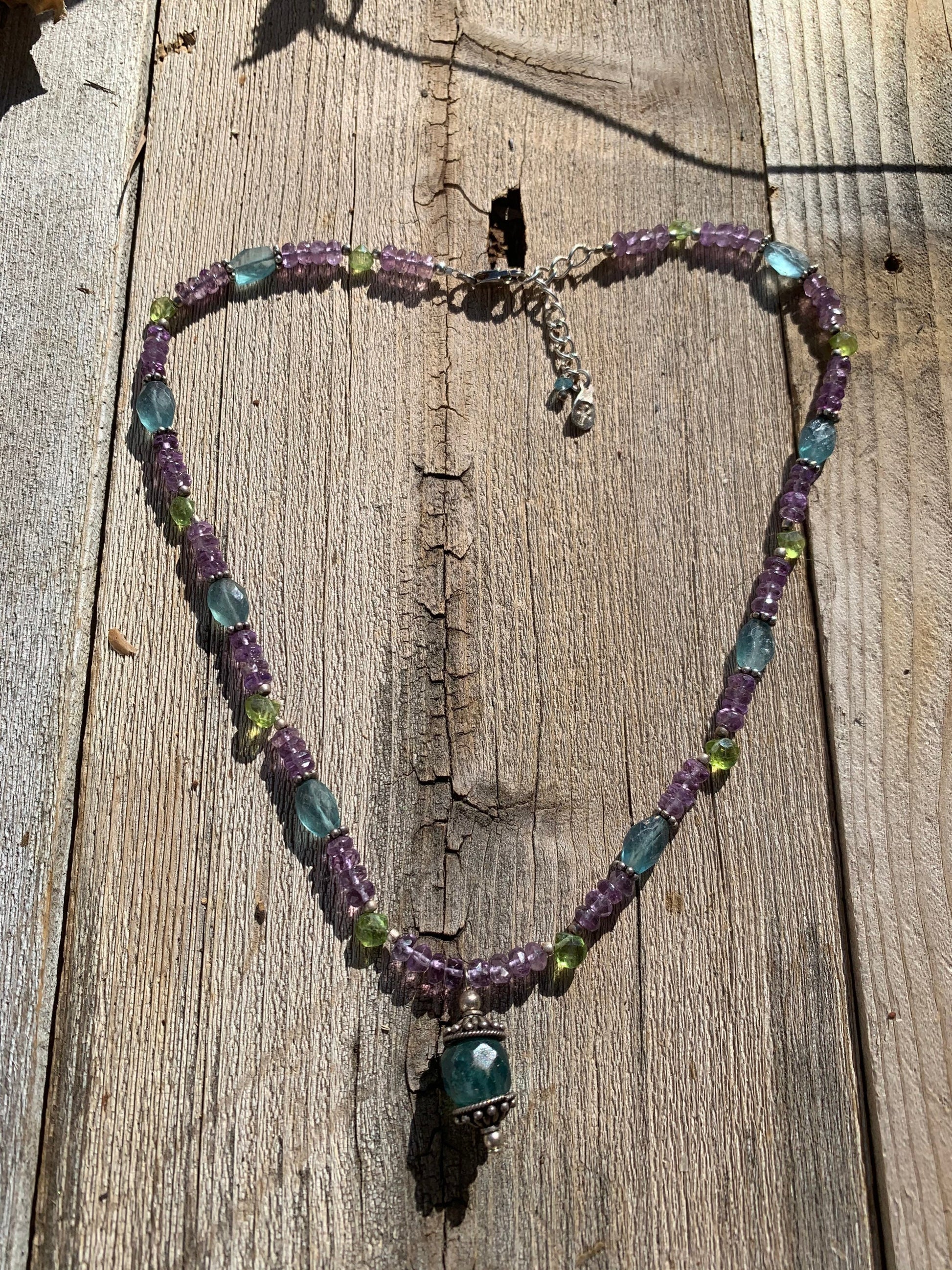 apatite necklace "Peacock Jewels" Apatite pendant, Amethyst, Peridot, Peacock inspired, Reiki charged, Gift idea, Stacking necklace, Chakra